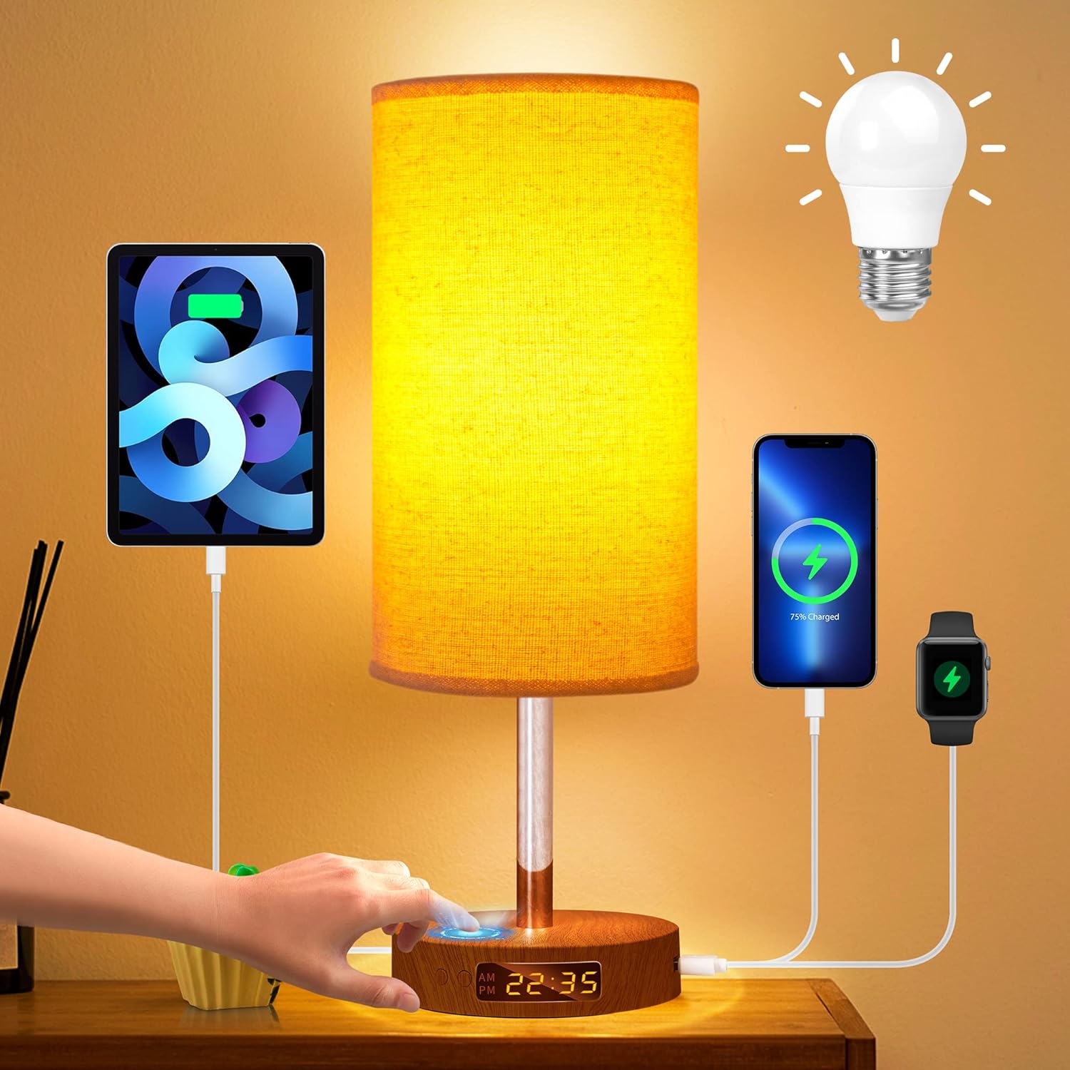 LACOKI Bedside Lamp with 2 USBA & USBC, Touch Lamp for