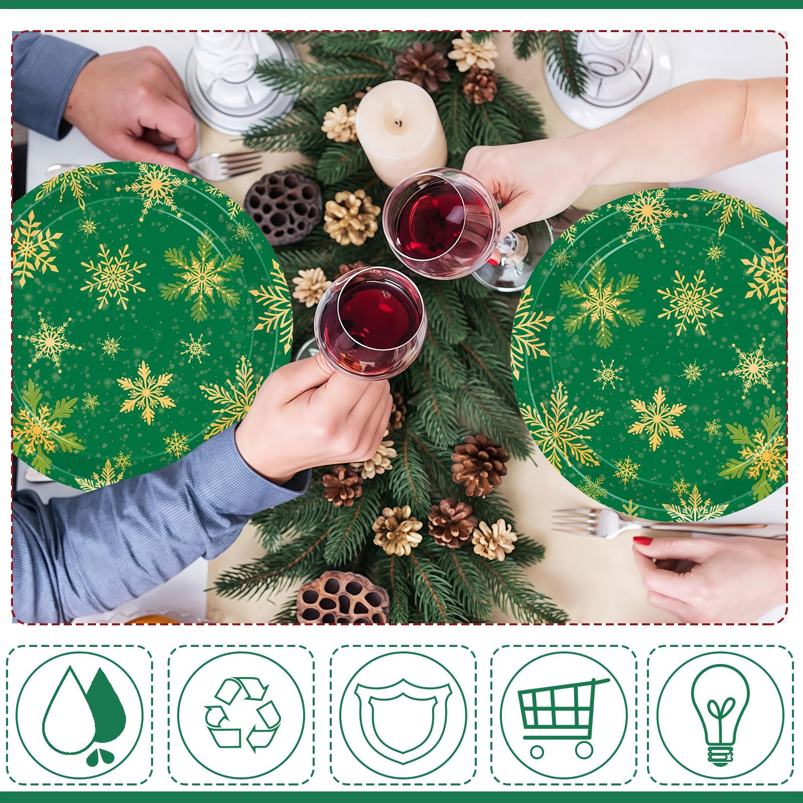 53Pcs Christmas Party Tableware Set for Table Decor,Red Green Christmas Snow 137x274cm Large Plastic Tablecloth Red Xmas Party Paper Plates Cups Napkins Dinnerware Set for Xmas Favor Tableware - Image 4