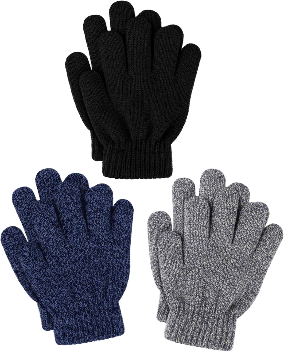 Glooarm 3 Pairs Kids Gloves Winter Gloves Thick Cashmere Magic Gloves Knit Stretchy Warm Gloves Boys Girls 4-14 Years
