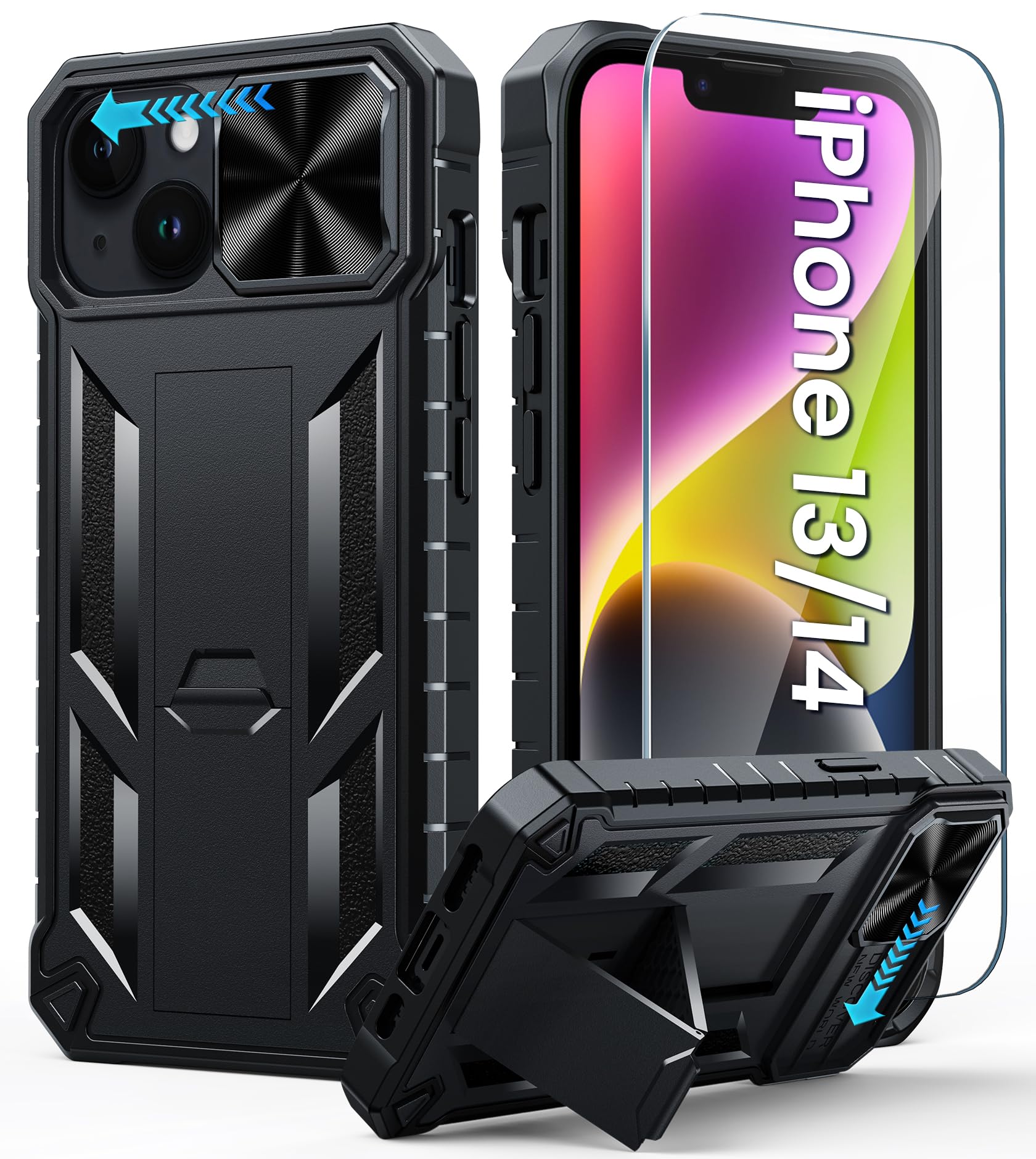 FNTCASEfor iPhone 15 Protective Phone-Case: for iPhone 16e Military Grade Dropproof Phone Cover with Kickstand & Slide | Heavy Duty Rugged Phonecase Bumper Textured (Black)