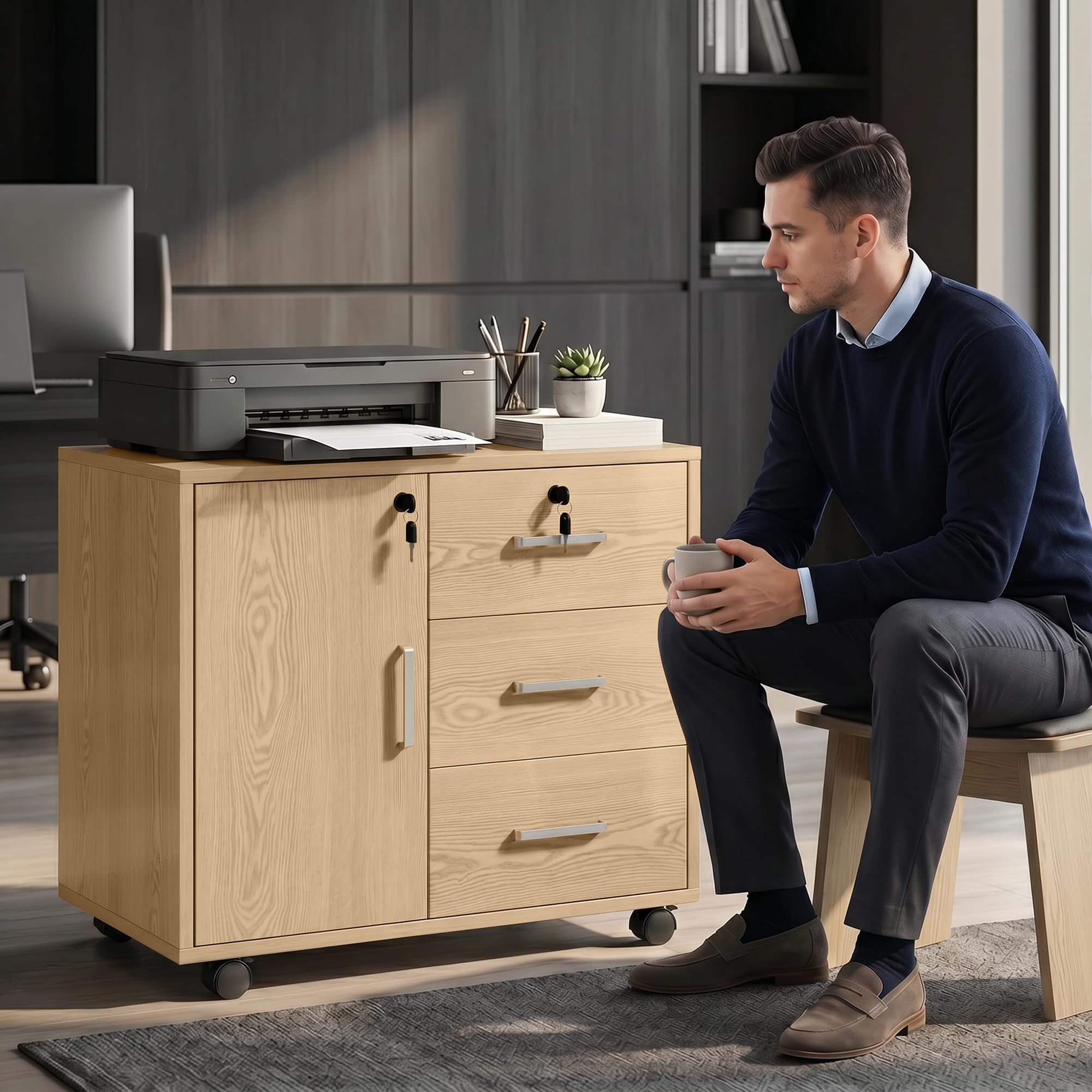 HOMCOM Cassettiera da scrivania con 3 cassetti, 40 x 60 x 56 cm, colore: Marrone | Armadietto portaoggetti regolabile per ufficio, ruote