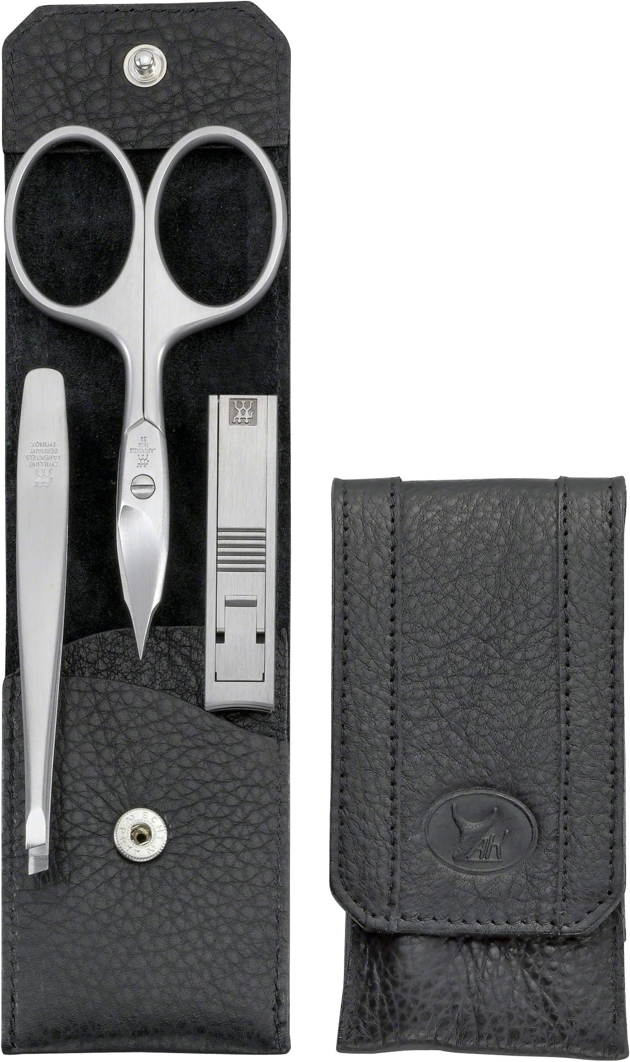 Zwilling Premium 3pc manicure set. Black Yak Leather. Includes combination nail scissors, nail clipper, and slant tweezers. High Grade rust resistant Stainless Steel. Made in Germany.