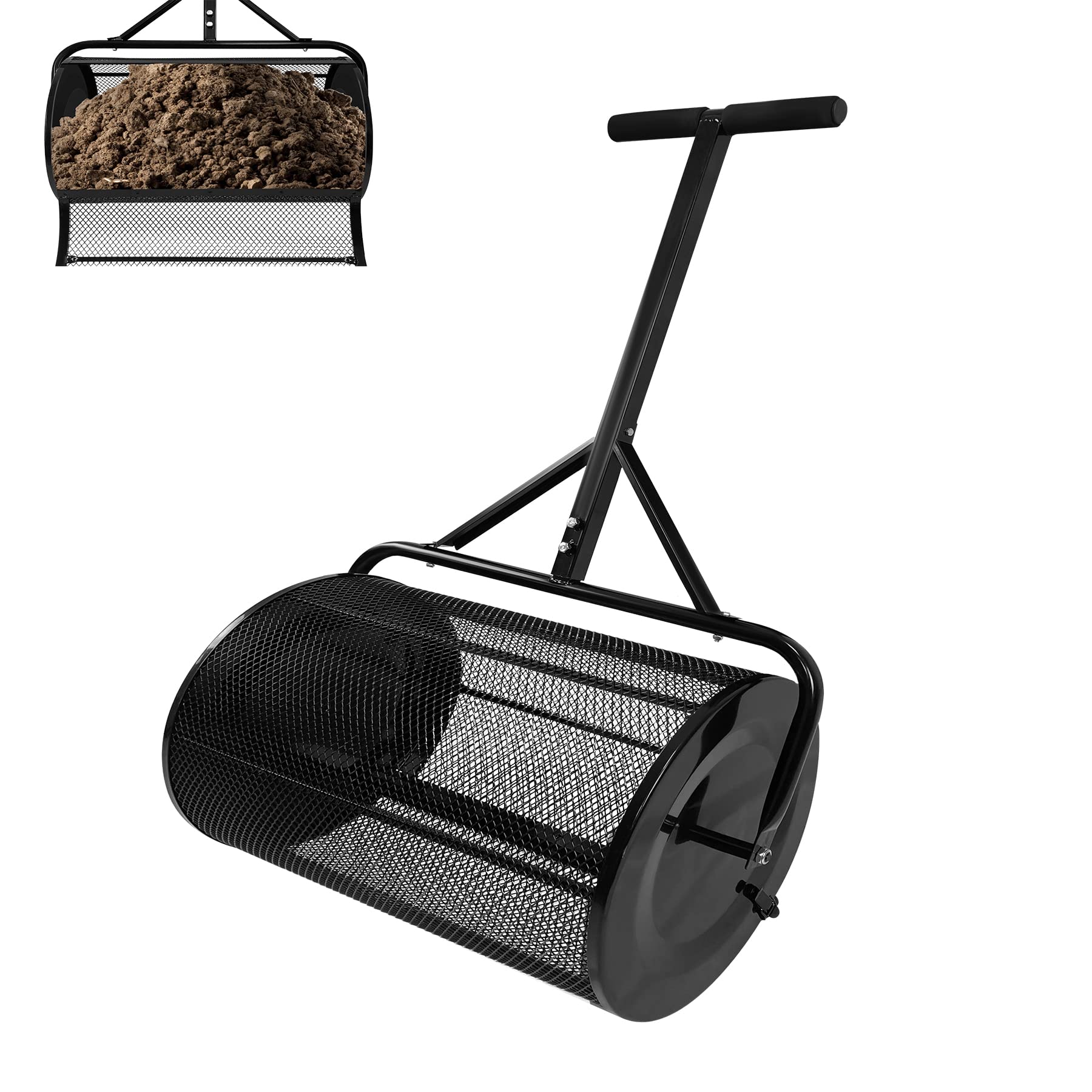 Froadp Esparcidor de compostaje de 80 l, con mango en T y cesta de malla de metal, para jardín, abono de mano, de metal, para césped y jardín