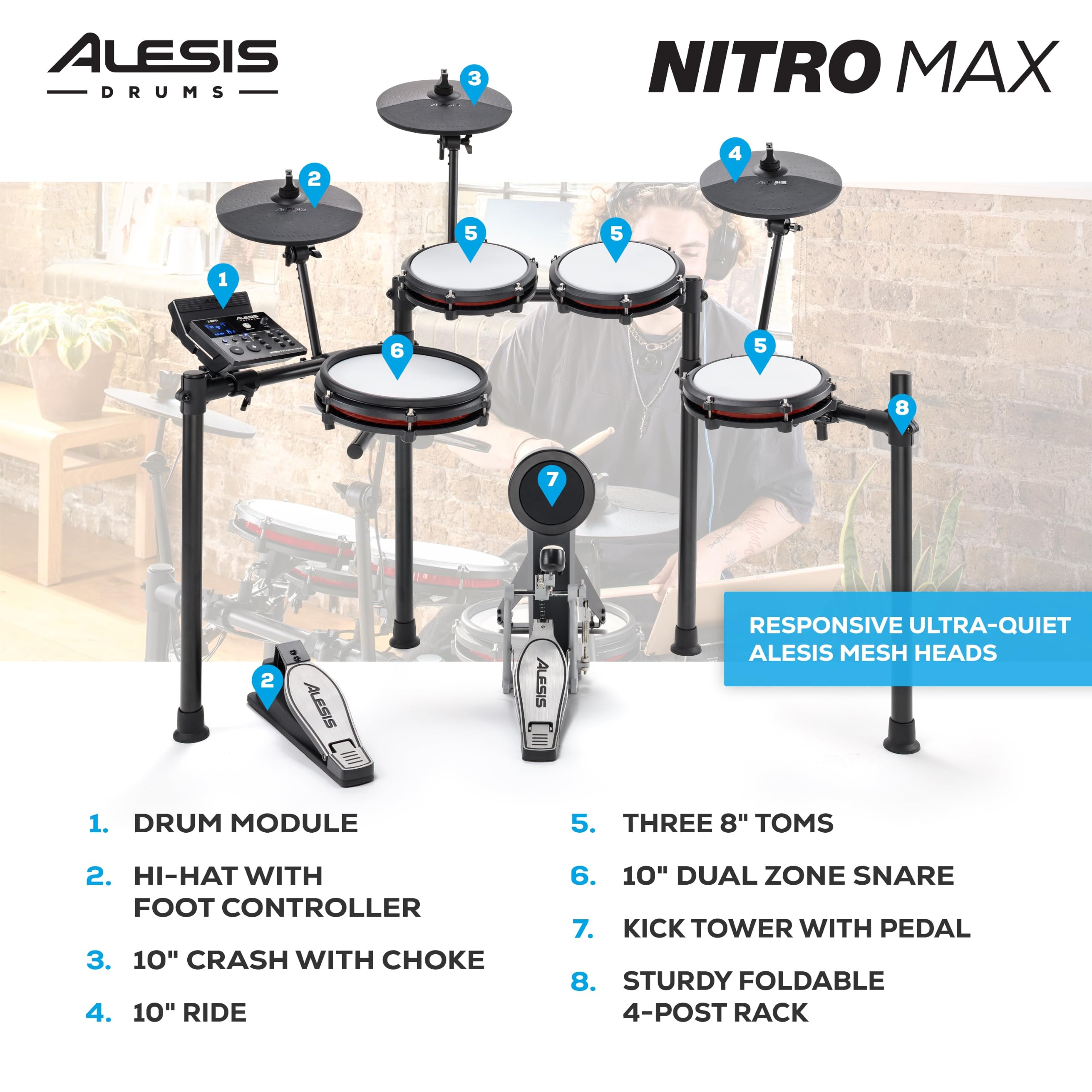 Alesis Nitro Max Kit Eight Piece Electronic Drum Kit with Mesh Heads and Bluetooth — Amazon image 5