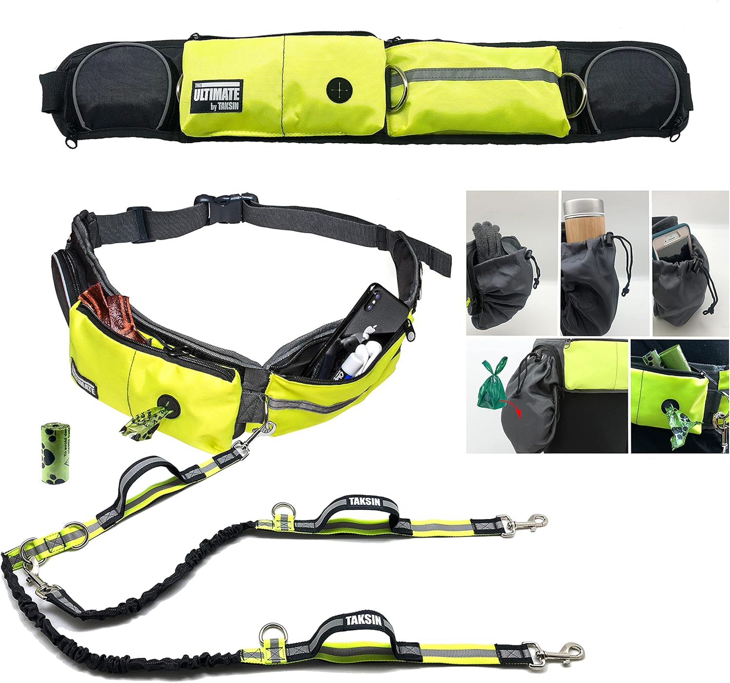 TAKSIN The Ultimate Hands Free Two Dogs Double Leash System for Walking Running Hiking Training, Reflective Bungee Leash, Treat Holder, Poop Bag Dispenser Small Medium Large Dogs (Yellow Deluxe Pack)