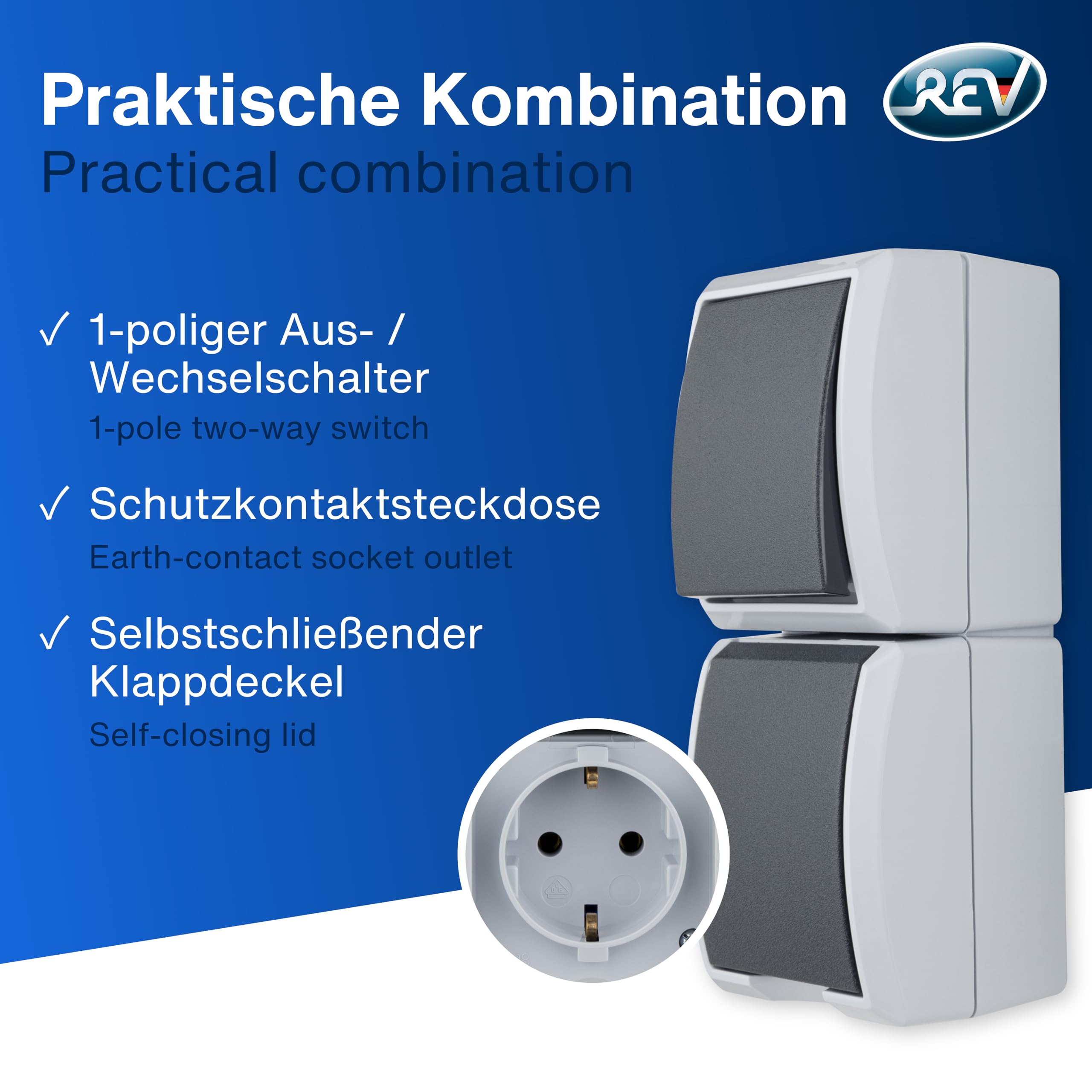 REV AquaForm SPARSET - 5x Lichtschalter + Steckdose, IP44, senkrecht, grau – Ansicht 3