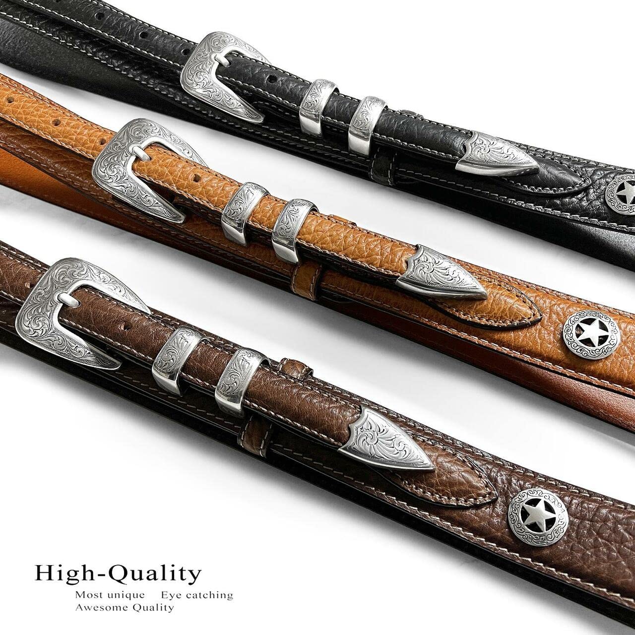 Men's Genuine Oil-Tanned Leather Belt - Western Cowboy Style With Big Buckle & Cross Conchos (Multiple Sizes) - View #8