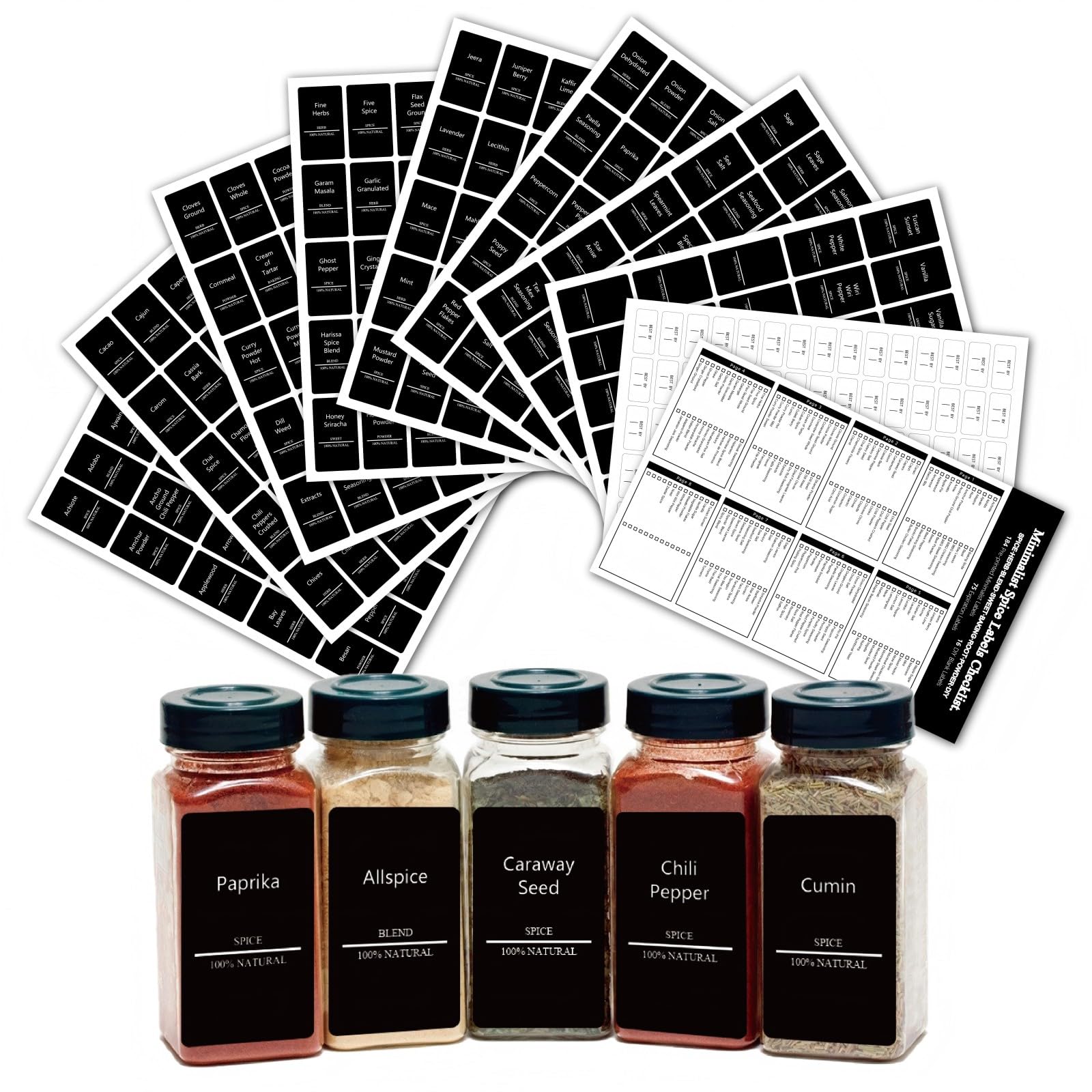 TrustKK Gewürzglas-Etiketten Set, 275 Stück, 9 Bögen, Schwarze Aufkleber für Gewürze, Selbstklebend, Rechtecke 5x3cm