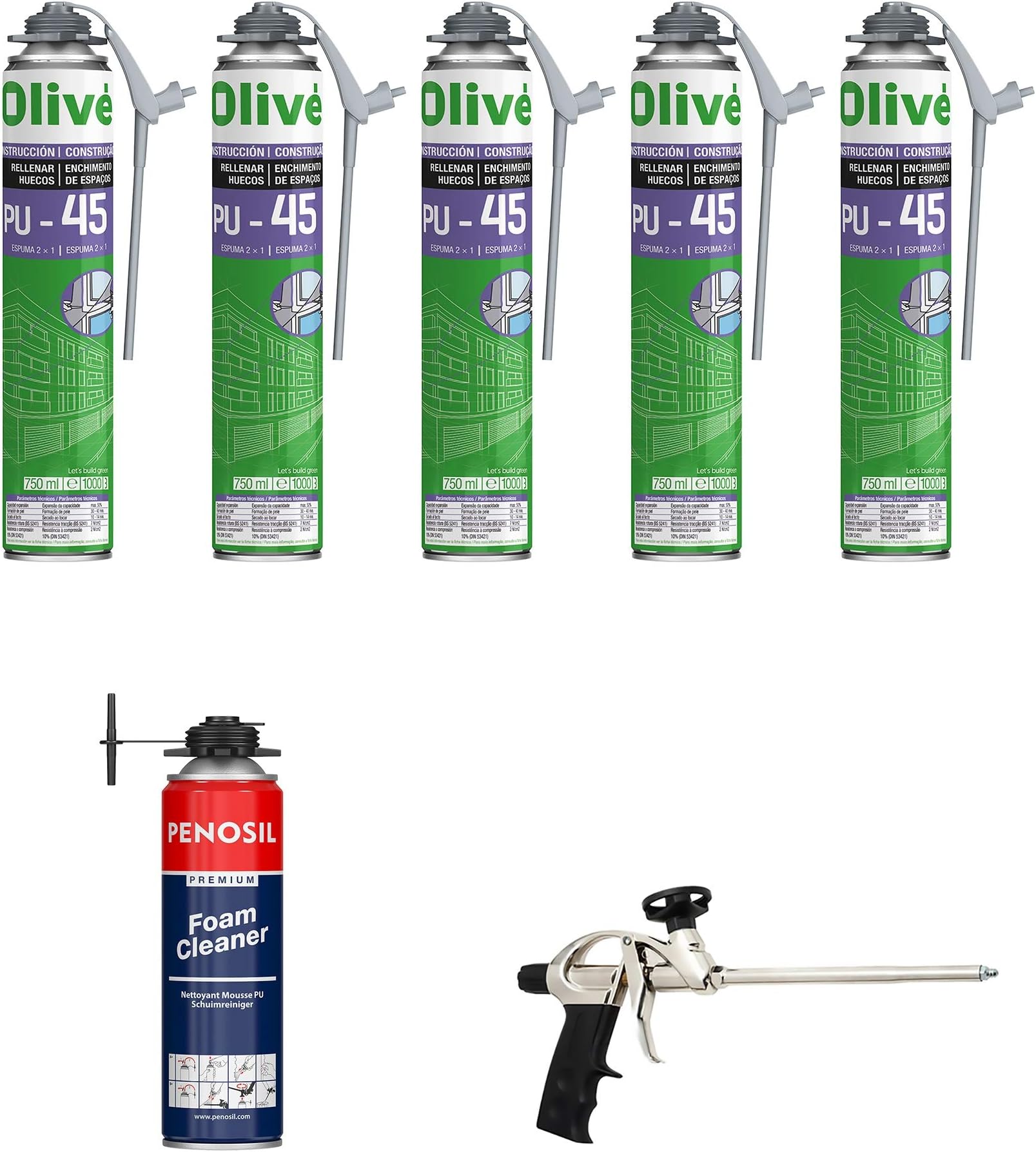 Pack of 5 x 750 ml expanding polyurethane foam canisters for spray guns + 1 spray gun and 1 cleaner