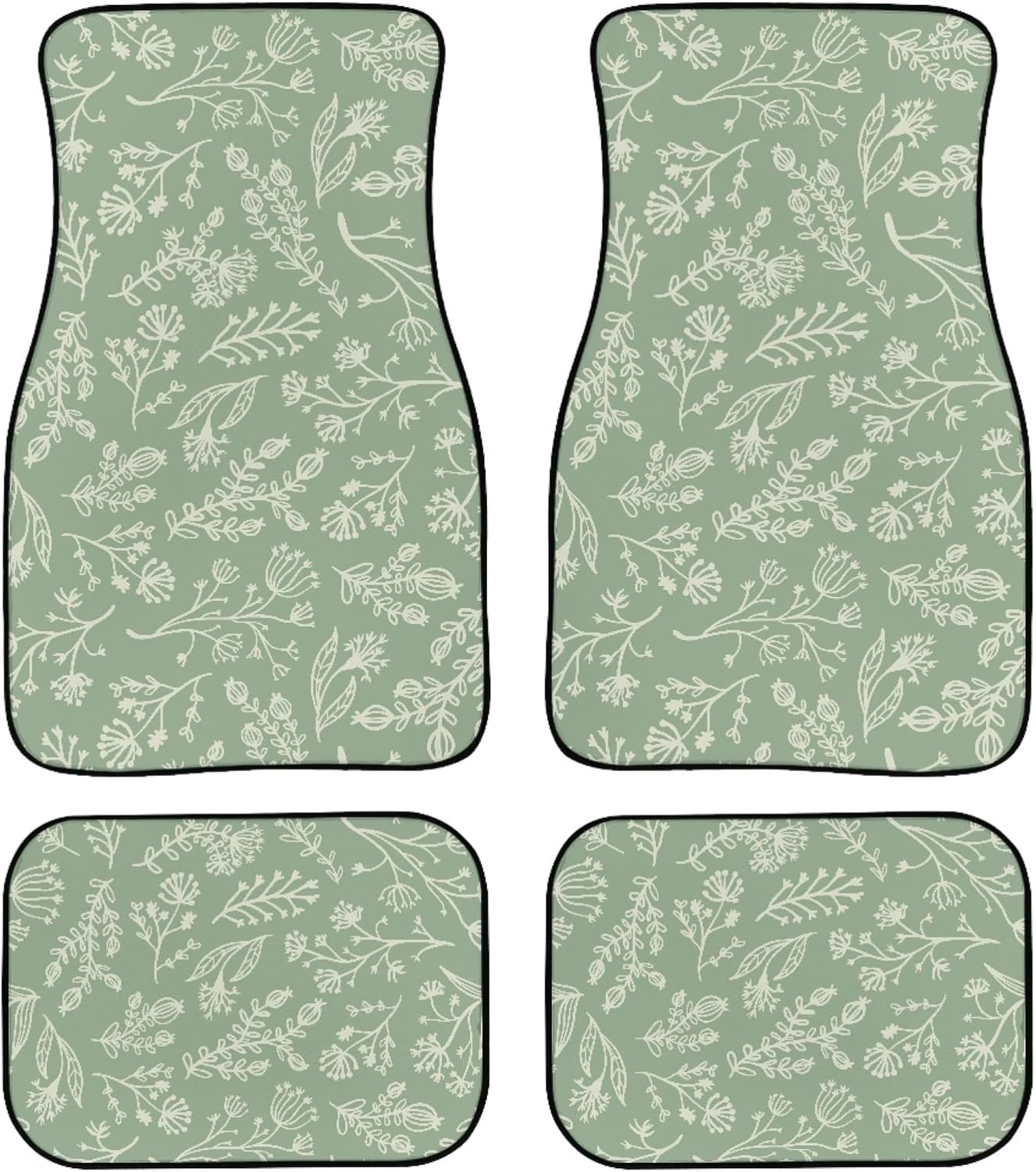 Botanical Plant Car Mats 4 Pcs Random Placed Herbs Flowers Leaves and Grass on Sage Green Background Floor Mats for Cars Non Slip Front Rear Vehicle Rugs Universal Car Accessories for Trucks