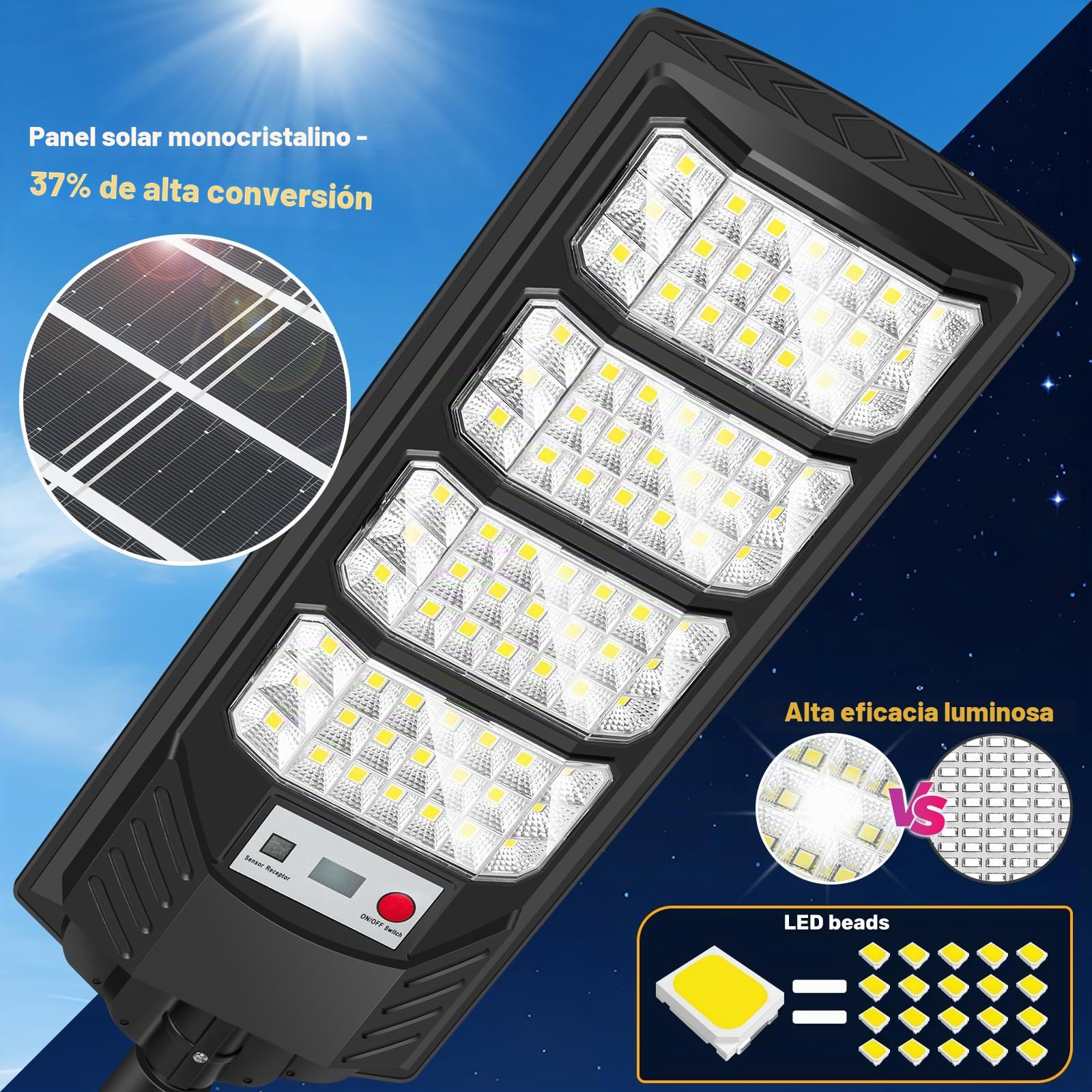 Farolas Solares Exterior, 6500K Focos Solar LED Jardín con Sensor de Movimiento y Control Remoto, IP66 Impermeable Lampara Solar Exterior Luz de Seguridad para Garage Patio Calle, 2 Pack