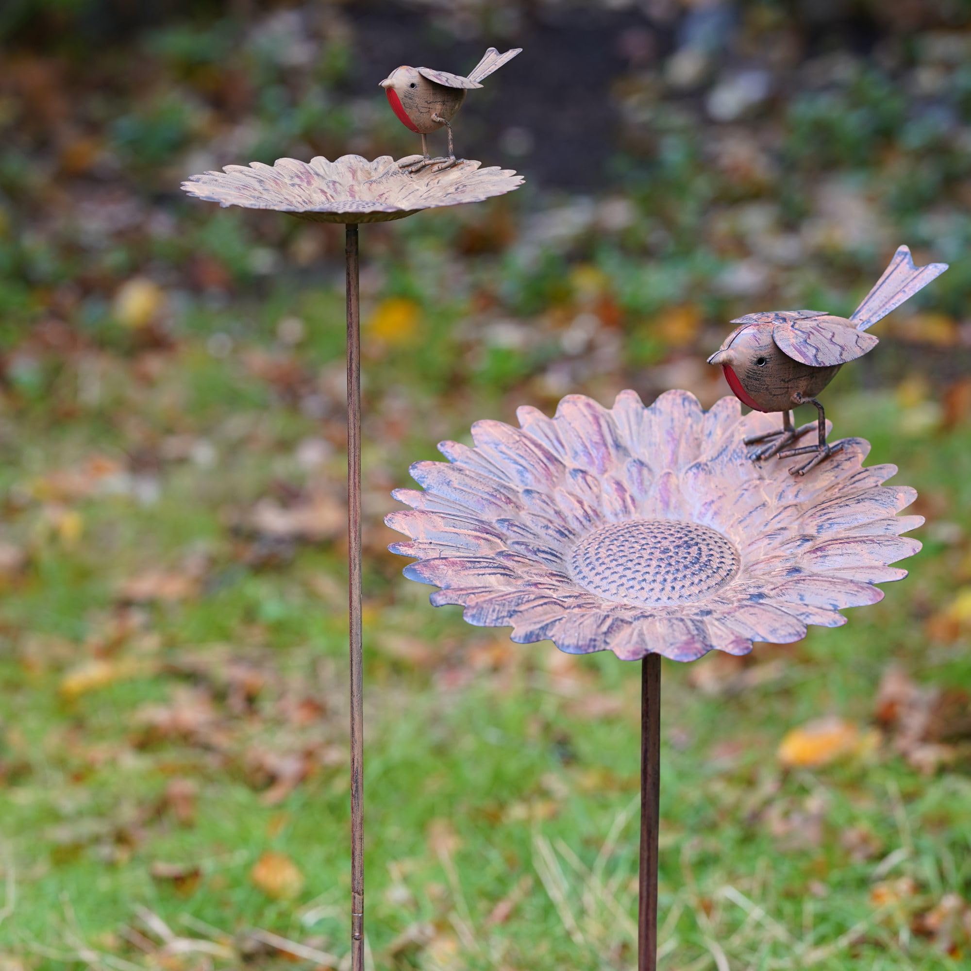 Robin Sunflower Bird Feeder Bath Metal Garden Ornament Outdoor Statue | British Bird Watcher Gardening Large Gift