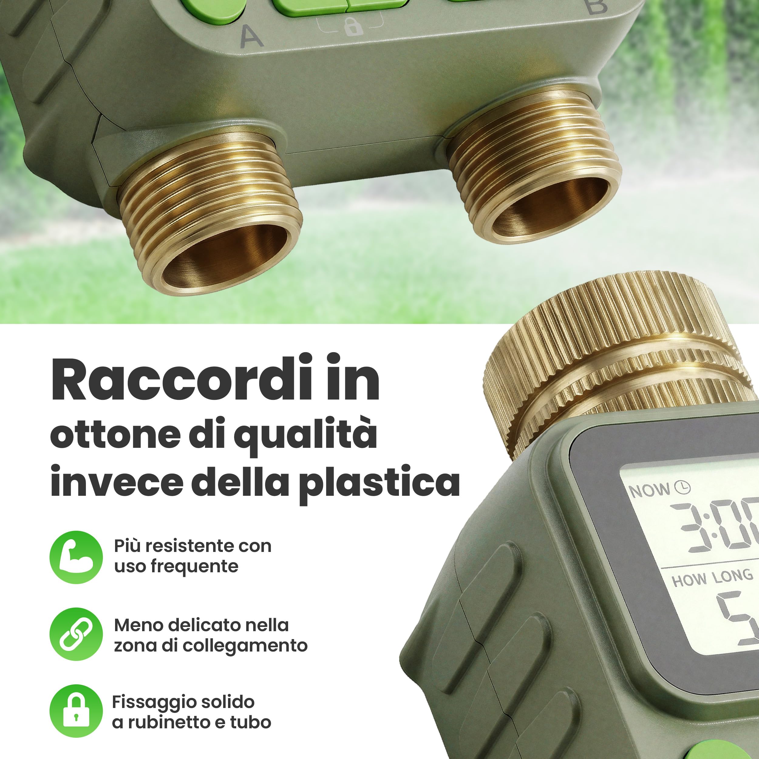 rainfactory - timer irrigazione 2 vie, centralina irrigazione a batteria IP65 con display LCD, 4 programmi, manuale, delay pioggia, raccordo ¾" per giardino, balcone, vasi, goccia a goccia domestico!