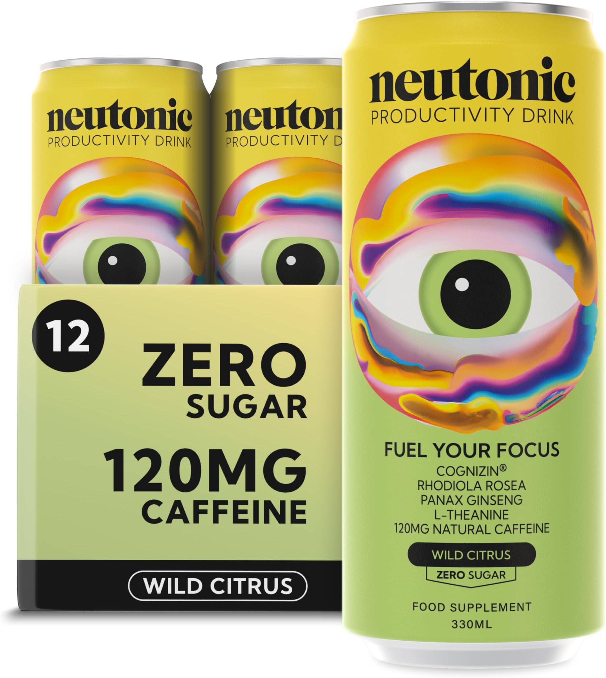 Nootropic Productivity Energy Drink | Wild Citrus 12 Cans | 120mg Natural Caffeine, Zero Sugar | Support Memory, Mental Clarity, Cognitive Function | Boost Focus, Energy, Brain Health