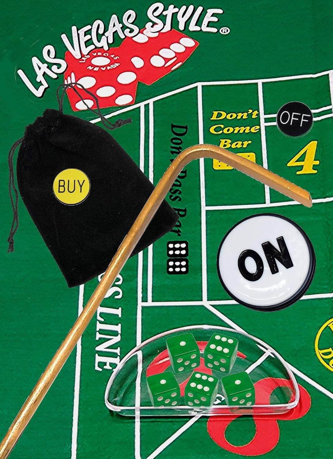 Cyber-Deals Craps Kit Sets Including 19mm Dice (Set of 5), Layout, Stick, Acrylic Dice Boat & Accessories (Green)