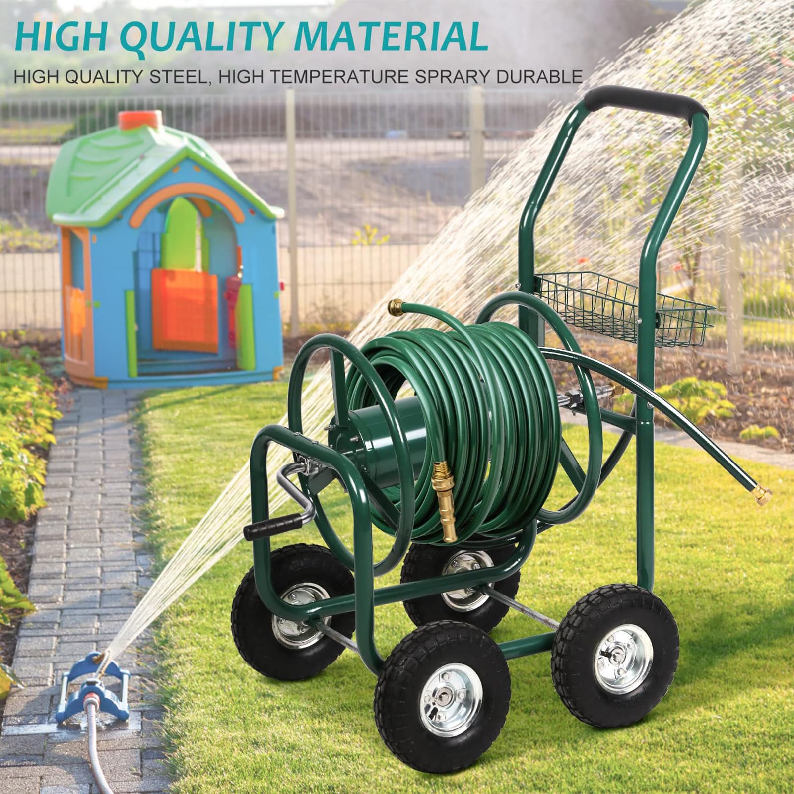 Carrello avvolgitubo da giardino a spinta manuale, carrello resistente per tubi da 100 metri di tubo da 1,5 cm e 20,3 cm, carrello per piantare acqua all'aperto, camion per giardino e cortile