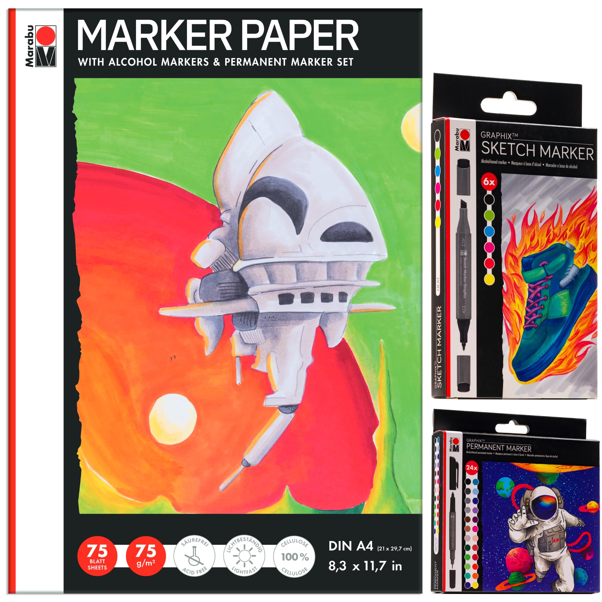 Marabu Marker Paper Sketchbook Set - 75 Sheet Marker Sketchbook, 24 Dual Tip Permanent Markers & 6 Alcohol Markers - Premium Artist Markers Kit