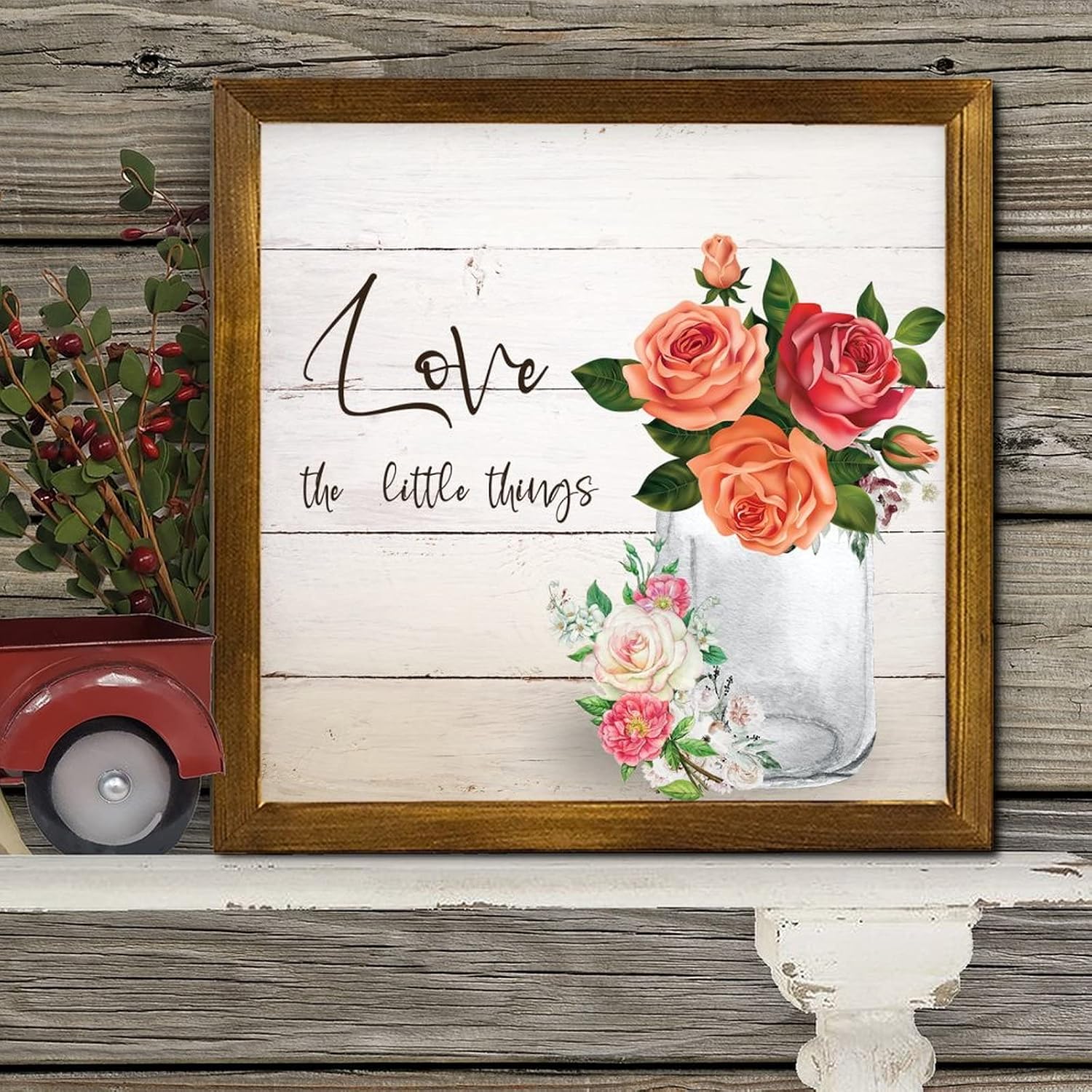 Love The Little Things Framed Wooden Sign Spring Rose Flower in Vase Wood Panels Classic French Floral Wooden Wall Art Decor for Home Laundry Room Kitchen Bedroom 12x12 inch