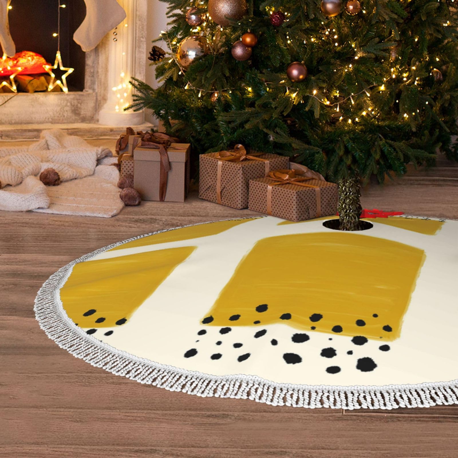 Senfgelbe und schwarze Weihnachtsbaumdecke, Weihnachtsbaummatte, bedruckte Polyester-Quaste, Weihnachtsdekoration