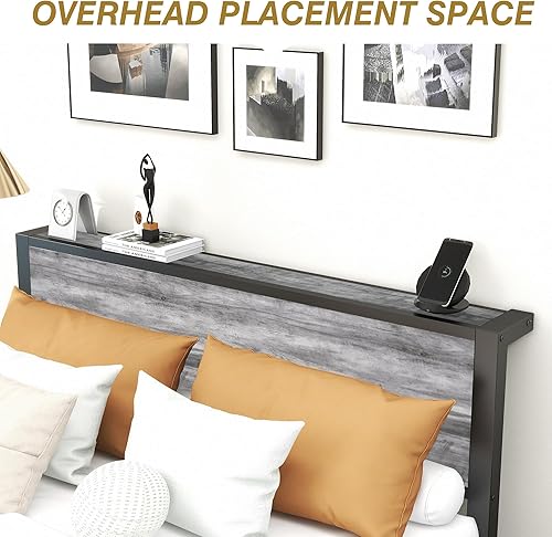 Miniatura 6 de DUMEE Base de cama tamaño King con cabecera de almacenamiento de madera, marco de cama de metal tamaño King, no necesita somier, soporte mejorado