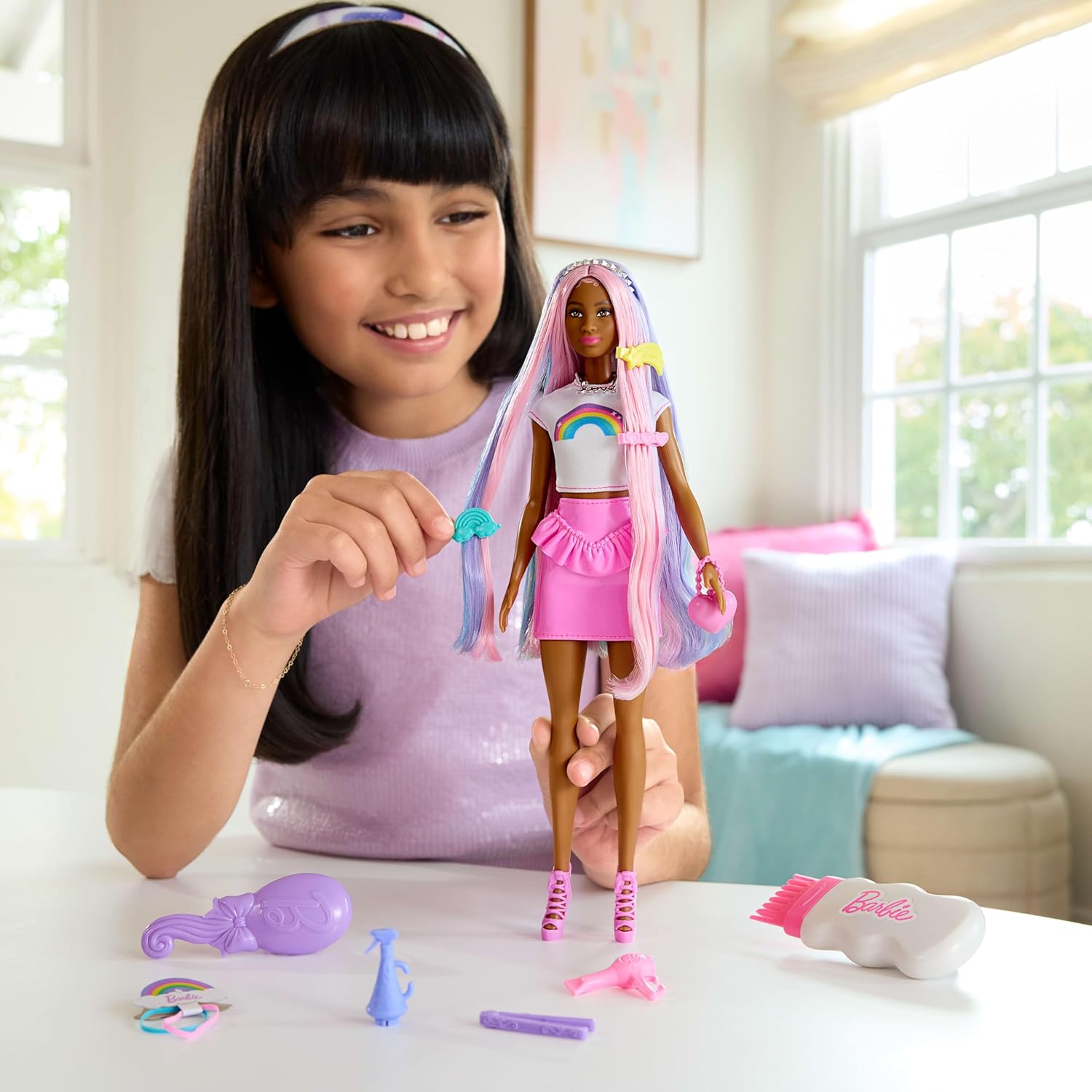 Barbie Rainbow Sparkle Hair Doll, Extra-Long and Colorful Hair with 12 Styling Accessories Like Glitter Tube, Brush, Clips, Dryer and More