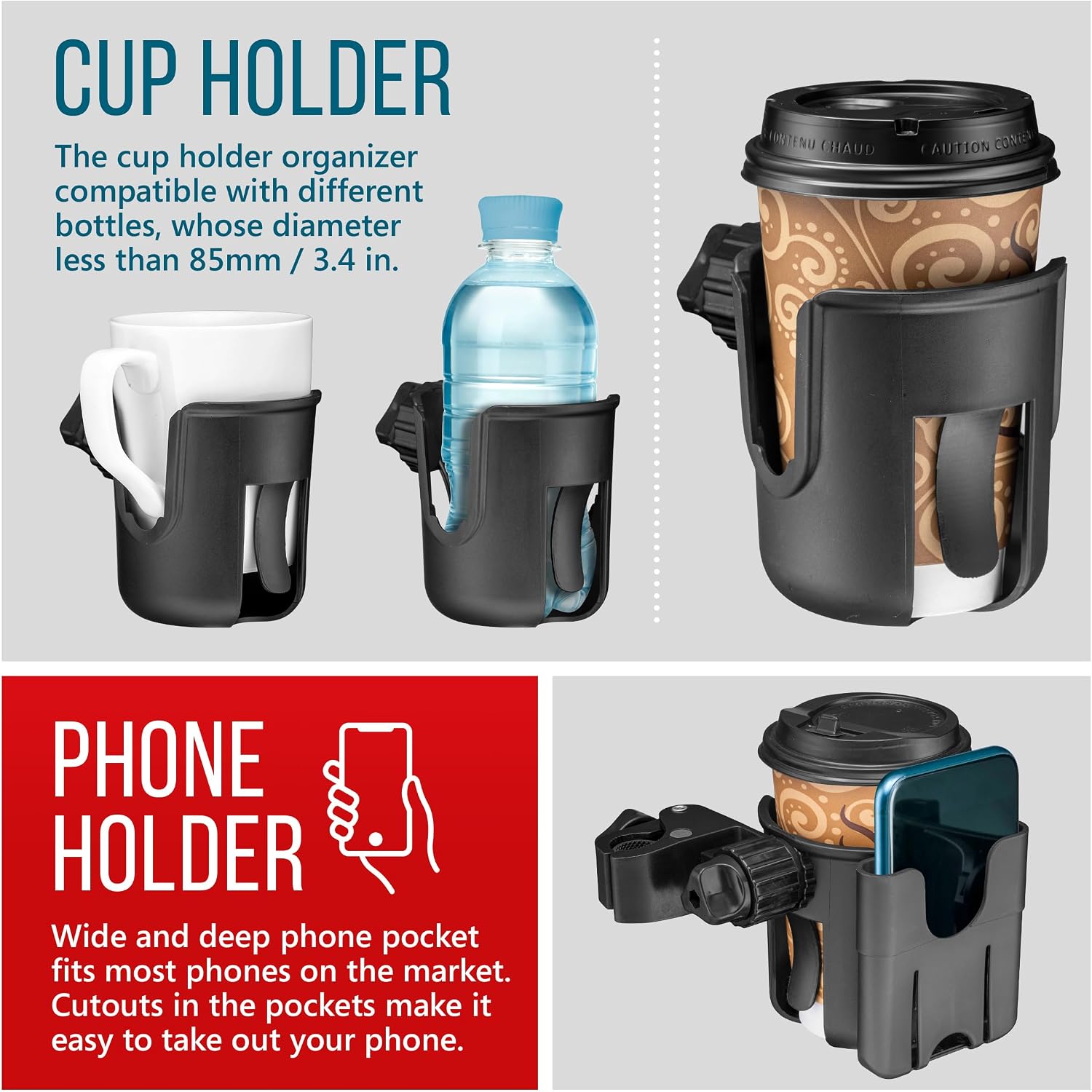 Walker Cup and Phone Holder, Compatible with Rollator and Folding Walkers