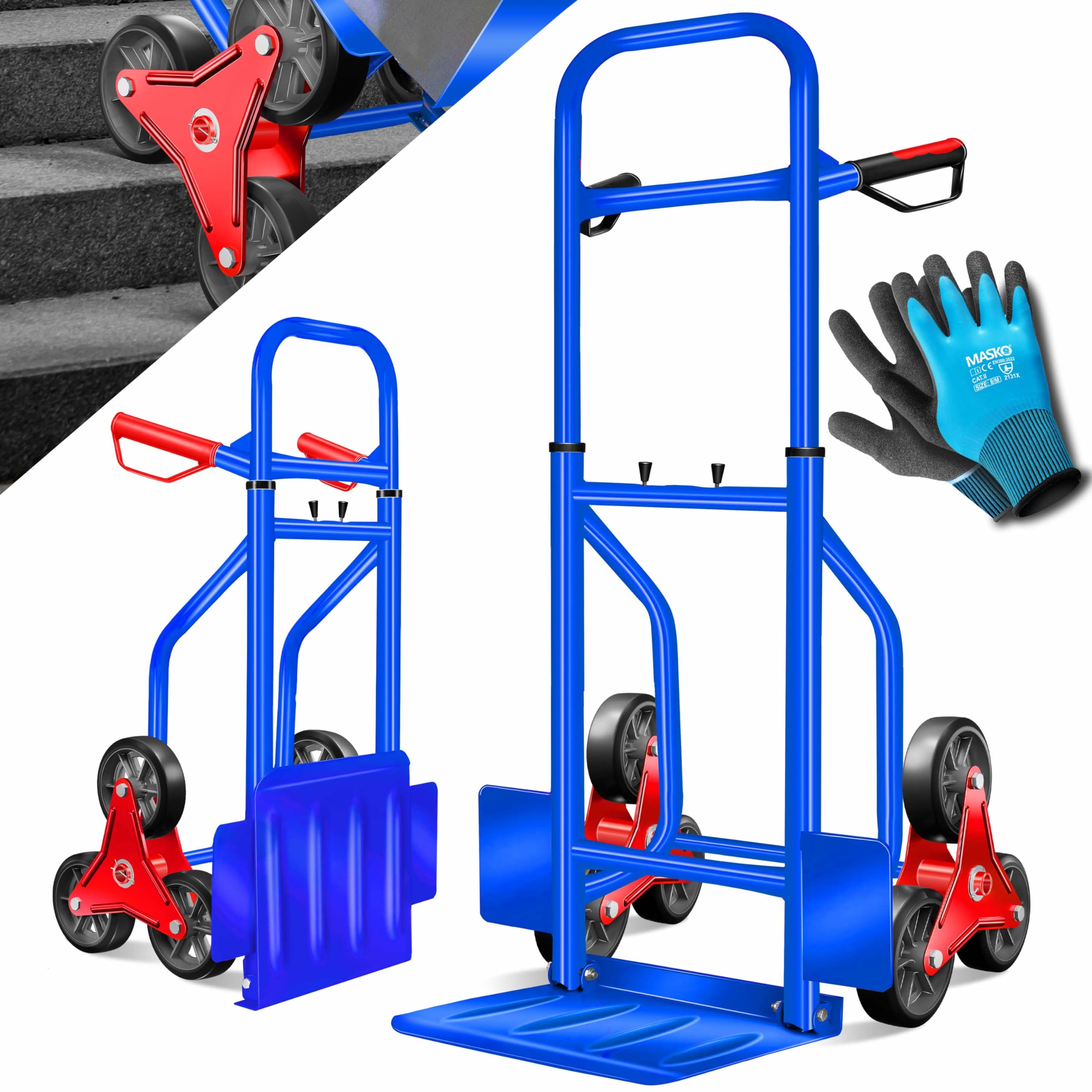 Masko Treppenkarre Sackkarre 200kg Transportkarre Treppensteiger Stapelkarre, klappbar Treppensackkarre Hartgummireifen | Kunststoff Griffe | Stahl Rahmen | Blau