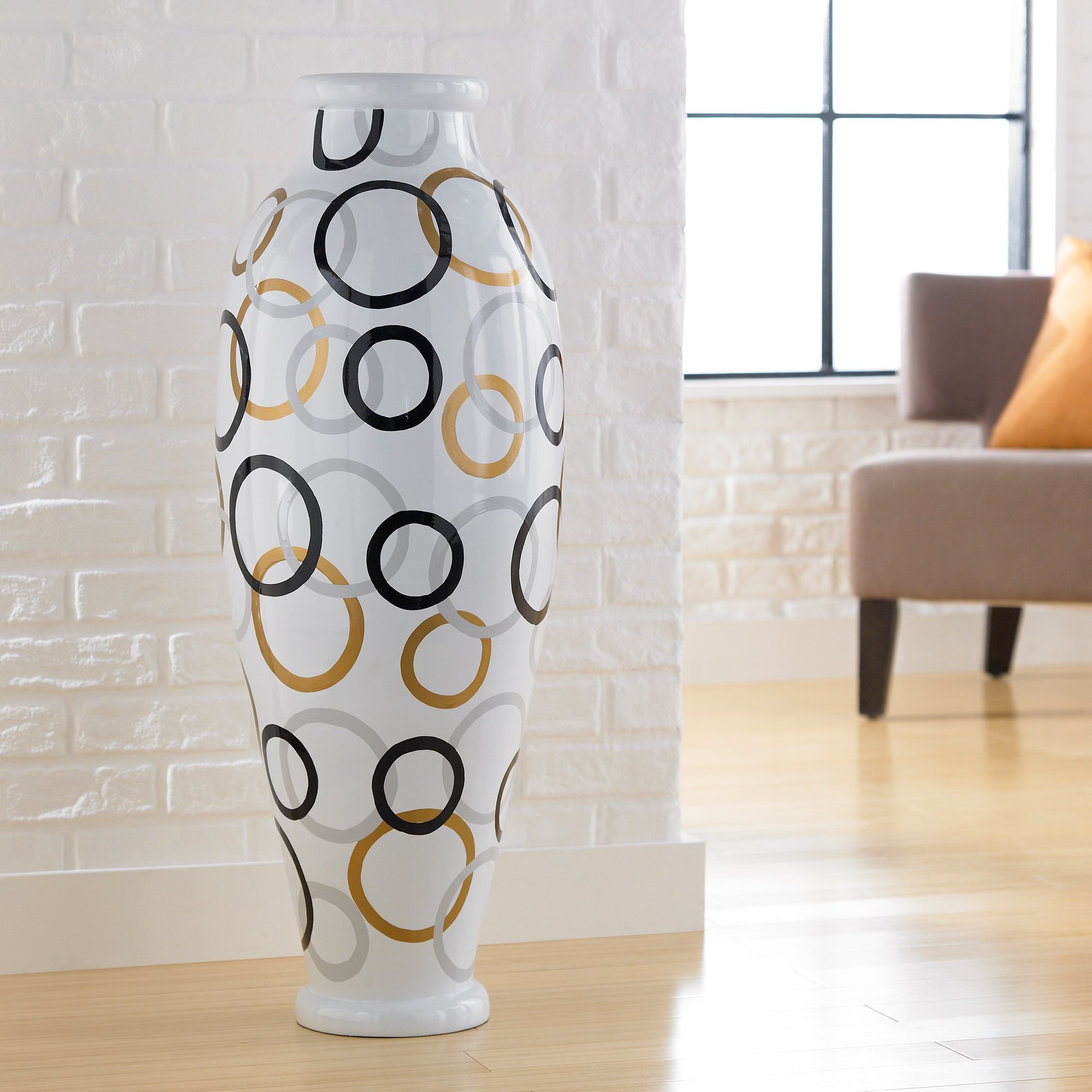 Joseph Allen Home 38 in White Urn Floor Vase, Modern Circles Hand Painted Design, Silver, Gold, Black, Polyresin