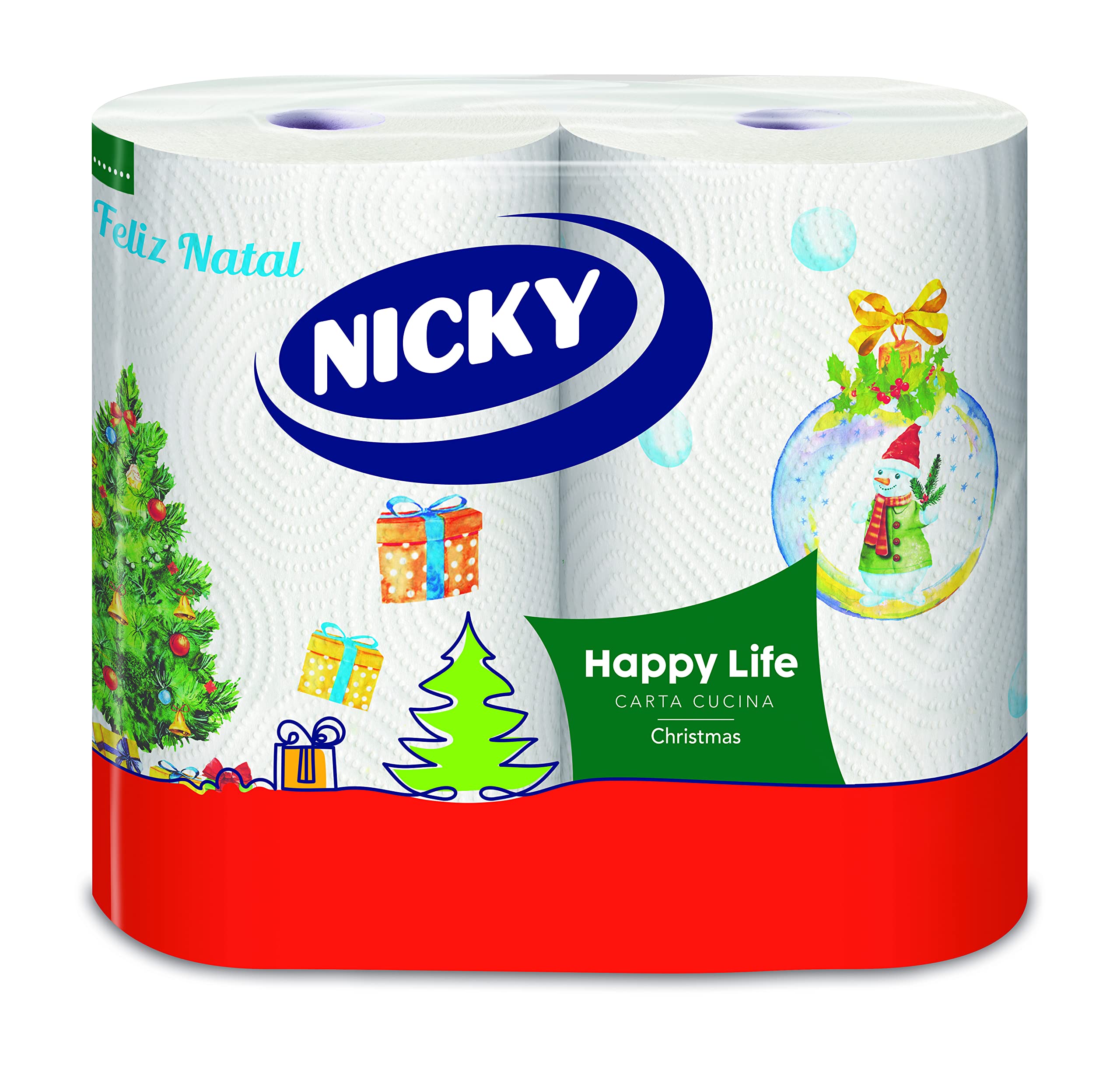 Nicky Happy Life Christmas - Papel de 2 capas para cocina, 24 rollos de 100 lágrimas, fácil apertura, 4 decoraciones navideñas diferentes, duradero y absorbente, papel FSC | 100 tiras por rollo, apertura fácil, 4 decoraciones navideñas diferentes, resiste