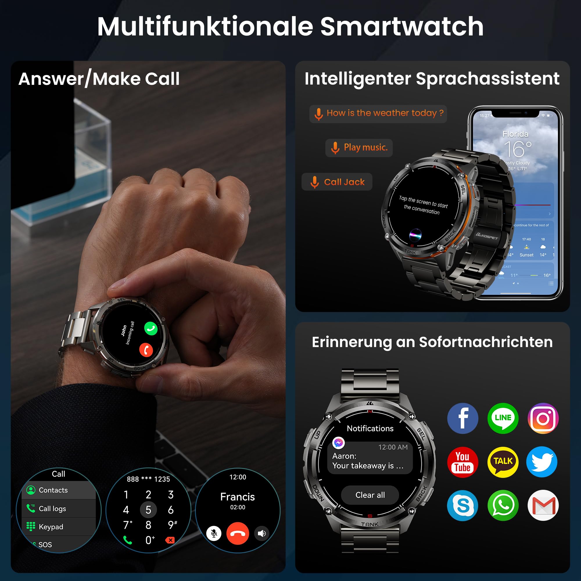 KOSPET TANK T3 ULTRA 2 Smartwatch Uomo Rugged Con GPS, Schermo AMOLED 1,43" | Autonomia 15 Giorni, Impermeabile 5ATM e IP69K, 170+ Modalità Sportive, Compatibile Android & iPhone Doppie cinghie