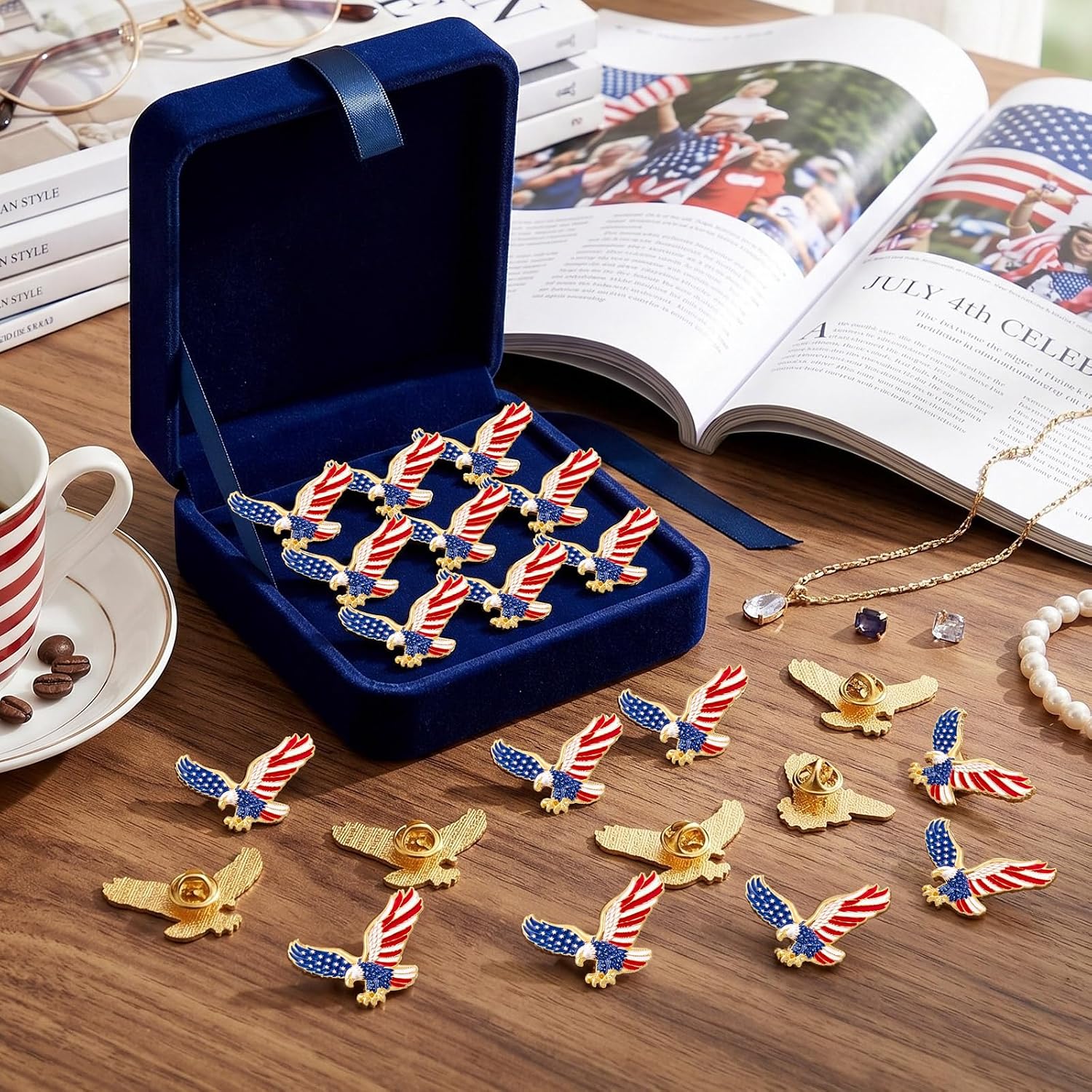 Suncalla 50 Pcs American Flag Lapel Pin 4th of July Star Eagle Lapel Pin 250th Anniversary Brooch Patriotic Accessories Gift