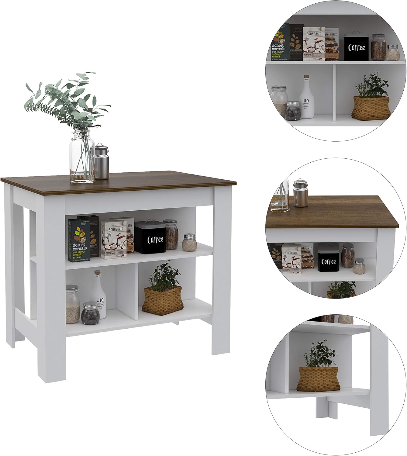 Brooklyn Kitchen Island White, Surface Color Caramel, with Three Uncovered Shelves. for Kitchen Room