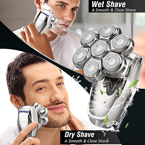 Miniatura 7 de Afeitadora de cabeza para hombres calvos, maquinillas de afeitar eléctricas húmedas y secas, impermeables, rotativas 7D para cabeza y cara,