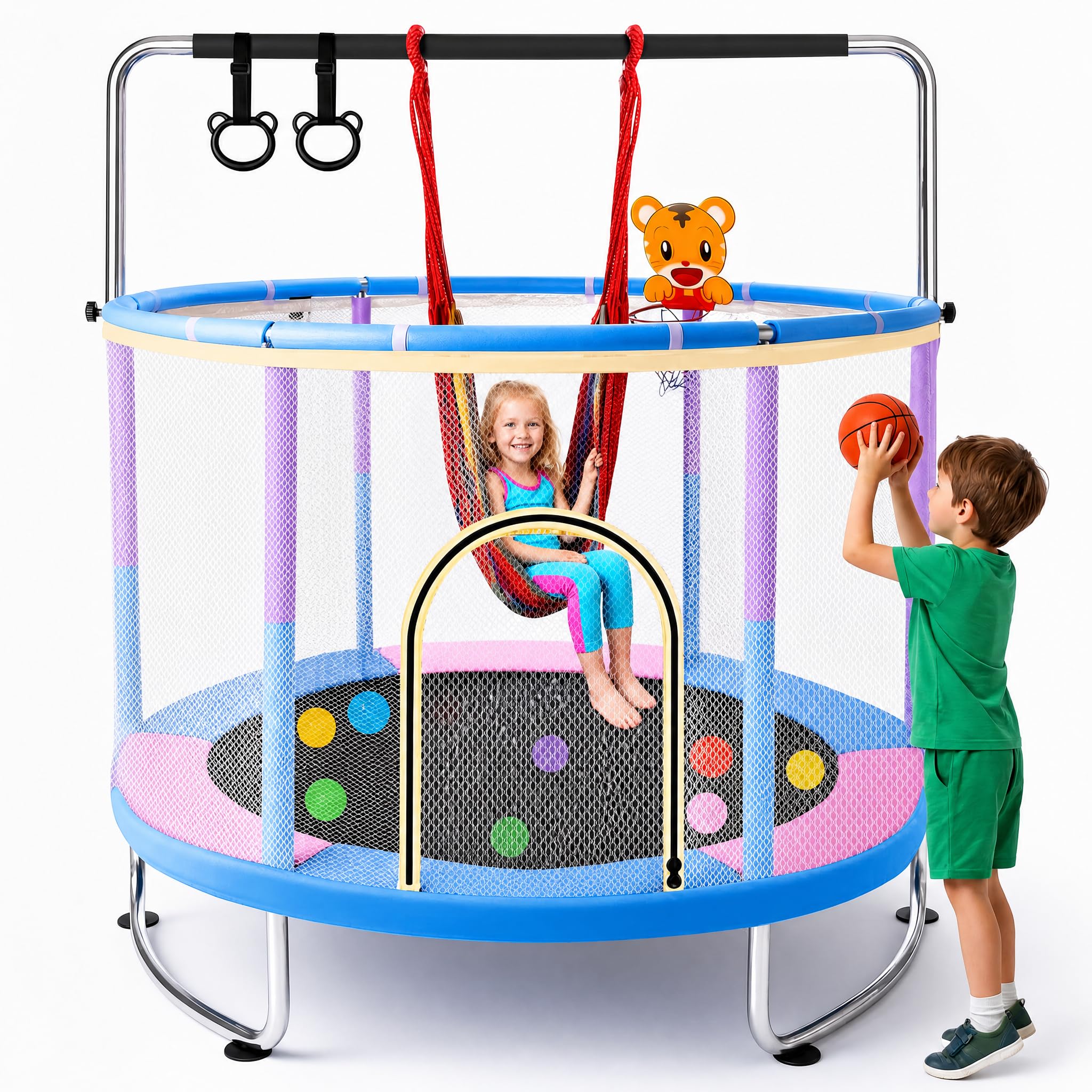 hotsizz Trampoline 1,5 m, avec balançoire, Barre de Gymnastique, Panier de Basket, pour Enfants de 3 à 14 Ans, Trampoline Enfant adaptés à Une Utilisation en intérieur et en extérieur