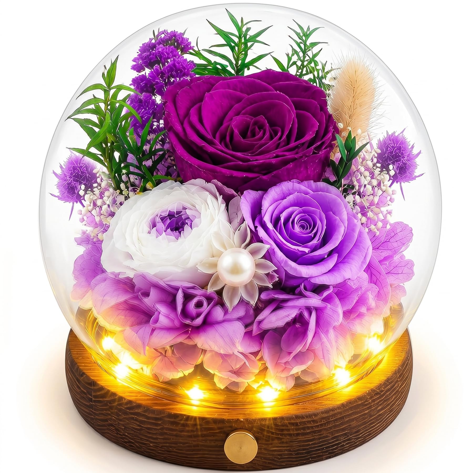 Elover Preserved Roses in Glass Dome with LED Light – Long Lasting Real Flowers,Forever Eternal Rose for Mother's Day,Valentine's Day,Birthday Gifts for Women,Mum,Wife,Girlfriend (Purple)