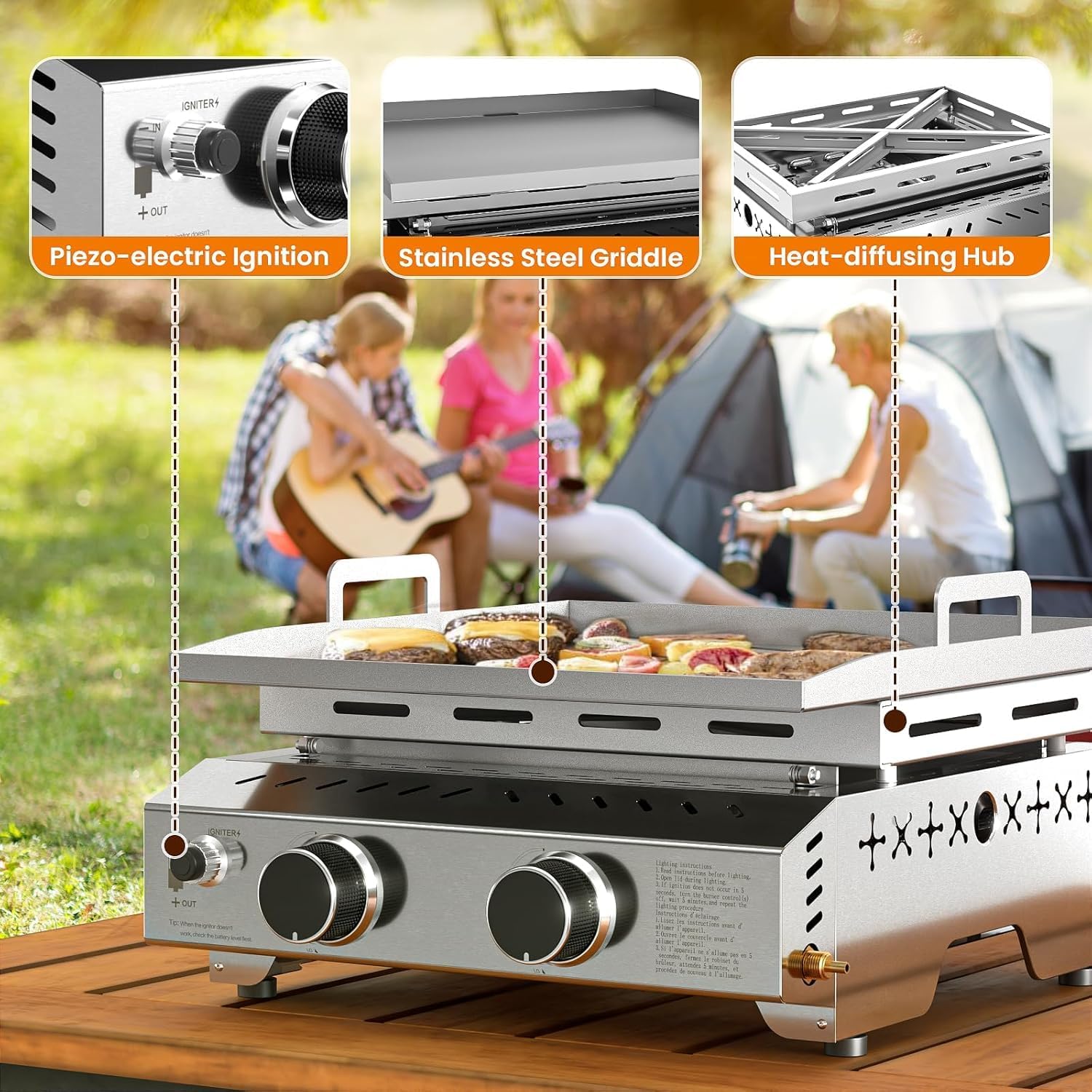 COWSAR 2-Burner Portable Tabletop Grill, 16000 BTU Stainless Steel Non-Stick Outdoor Portable Propane Griddle for Camping RV Backyard BBQ