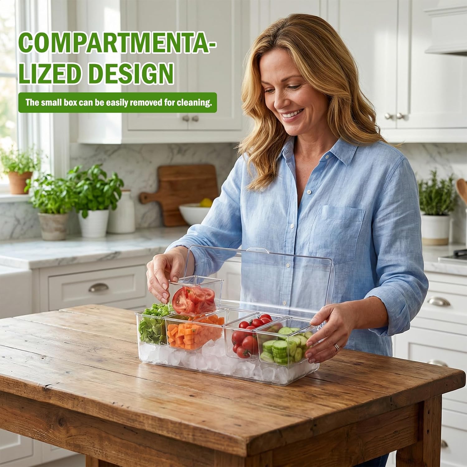 2 Pack Ice Chilled Condiment Caddy, 5 Removable Compartments for Mimosa Bar Supplies, Clear Condiment Tray with Hinged Lid, Stackable Serving Platter with 5 Spoons and 3 Clips for Parties