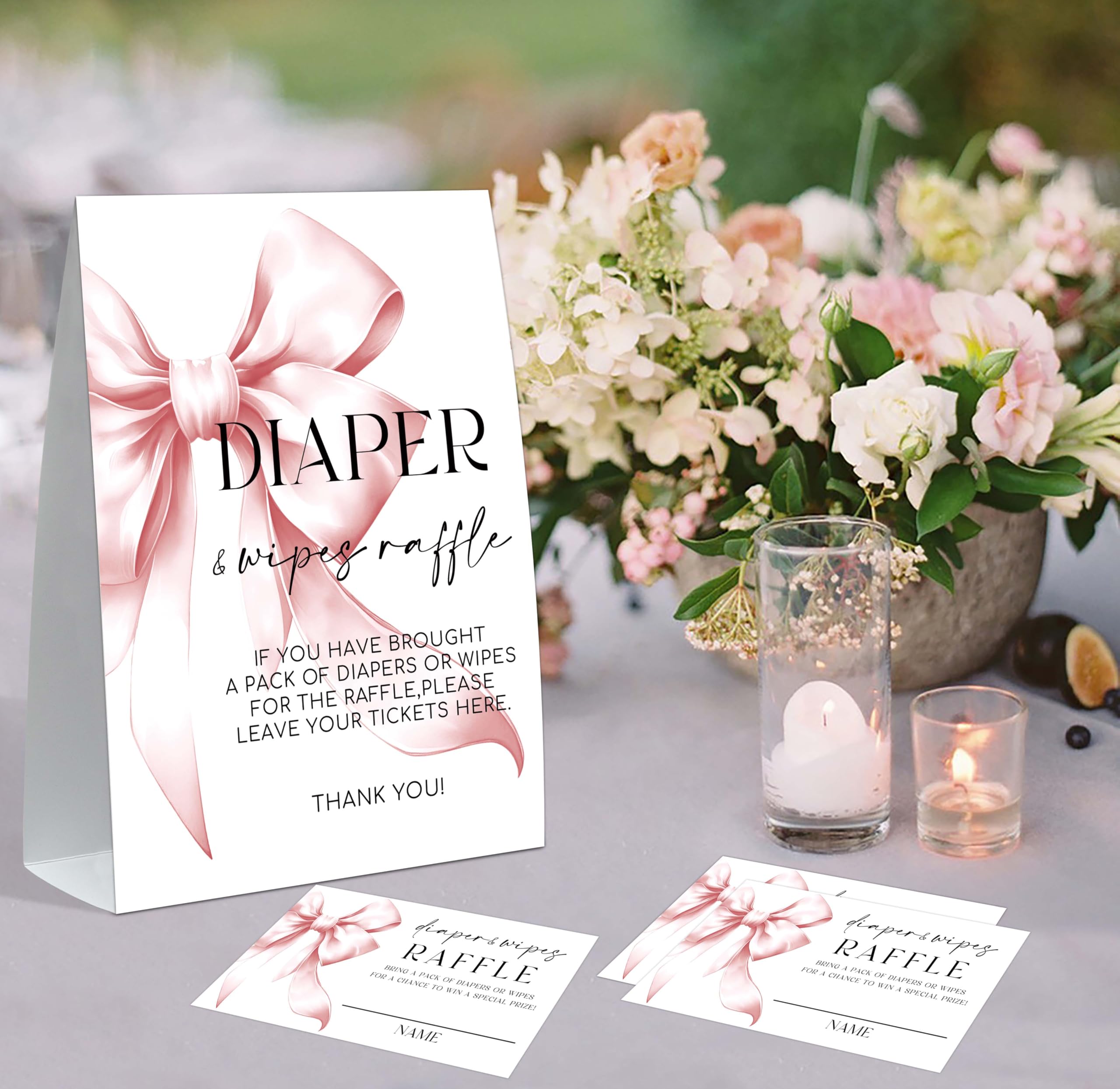 50 sztuk różowej kokardki na loterię z różową kokardką i biletami na loterię na pieluchy, gra na baby shower, gra ujawniająca płeć, prezenty na baby shower, neutralne dekoracje ujawniające
