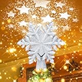 Christmas Tree Topper Lighted, Rotating Star Pattern Projector, 3D Hollow Glitter Lighted Snow Tree Topper for Xmas Party Holiday Christmas Tree Decorations(Silver Snow)