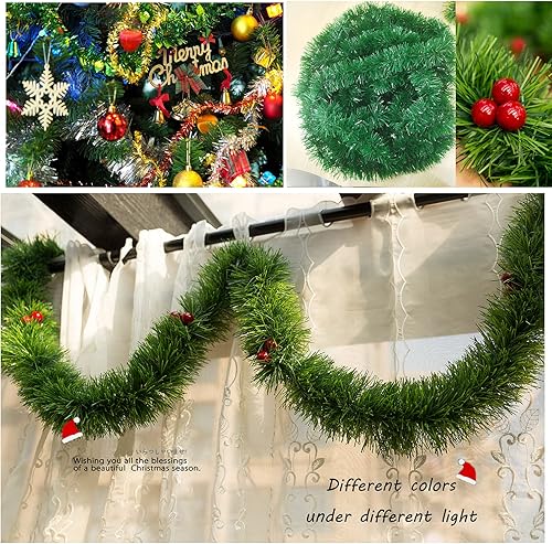 Miniatura 5 de Guirnalda de oropel verde de 50 pies, guirnalda decorativa de pino de Navidad artificial para decoración de bodas y festividades