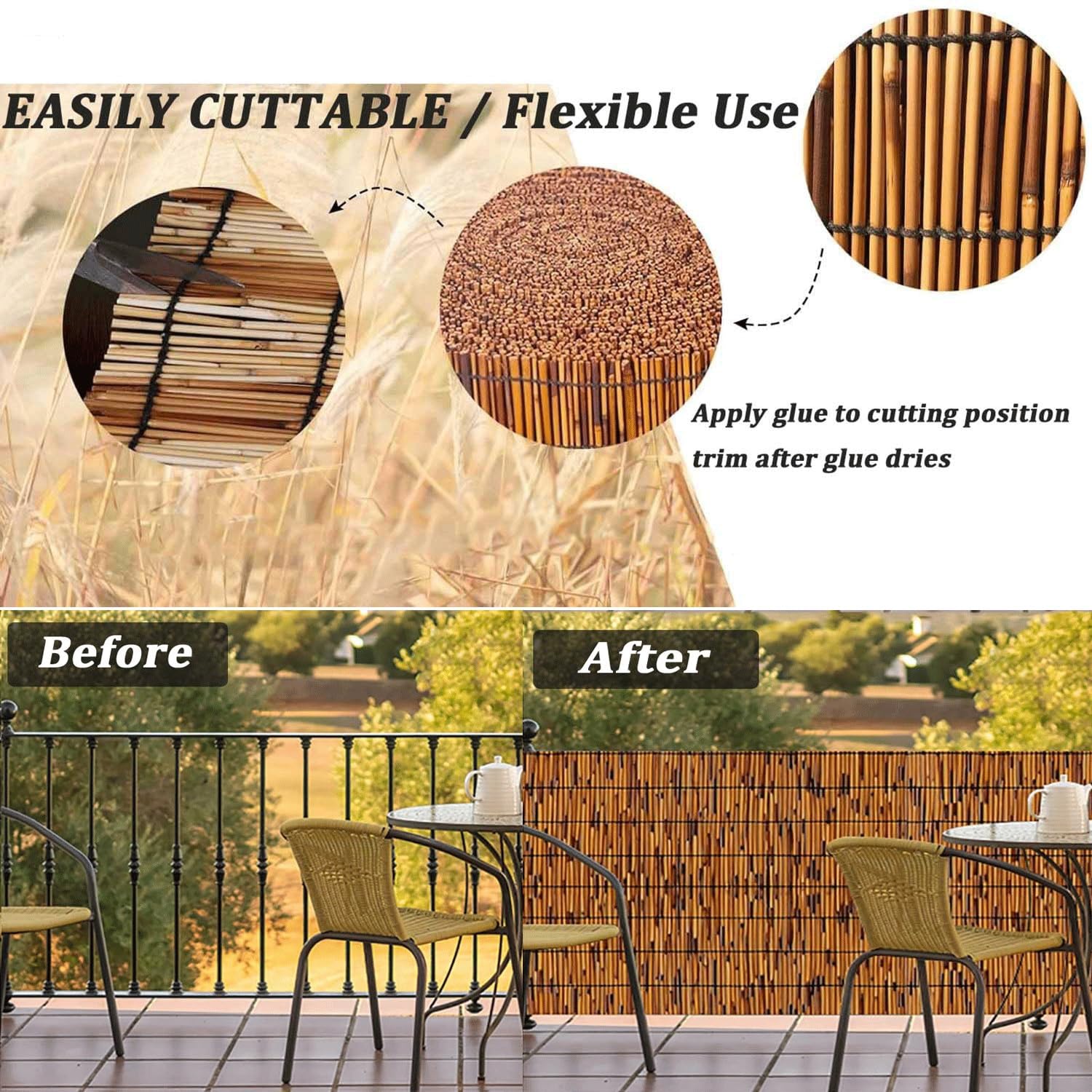 Valla de bambú de 120 x 500 cm, pantalla de privacidad decorativa para exteriores, para jardín, balcón, patio, patio trasero y terraza, elegante solución de valla