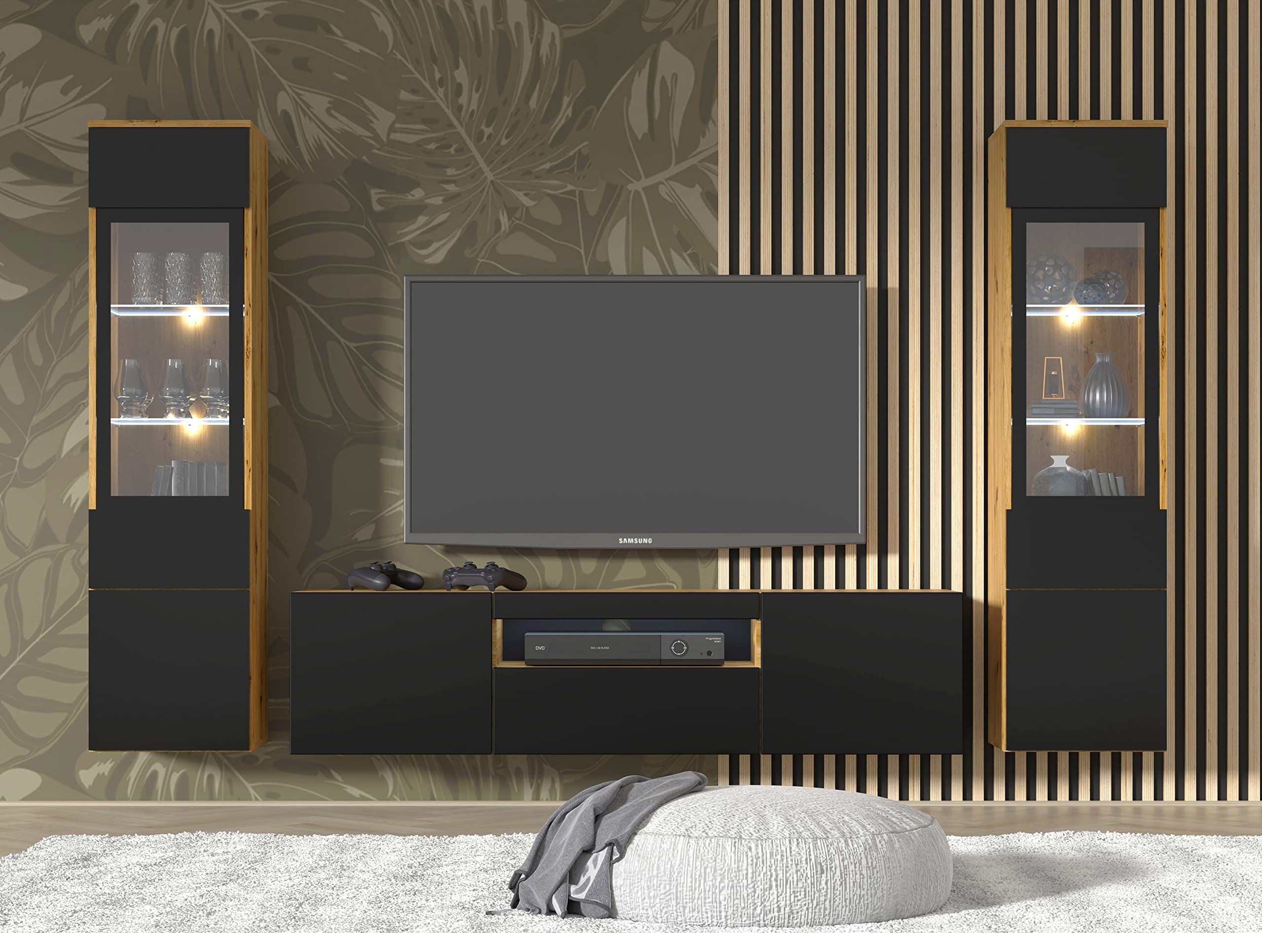 BIM Furniture Wandregal Aura – Modern Dekoregal 16x150x20 cm, Hängeregal, Wohnzimmer Regal, Wandmontage – Eiche Artisan/Schwarz Matt