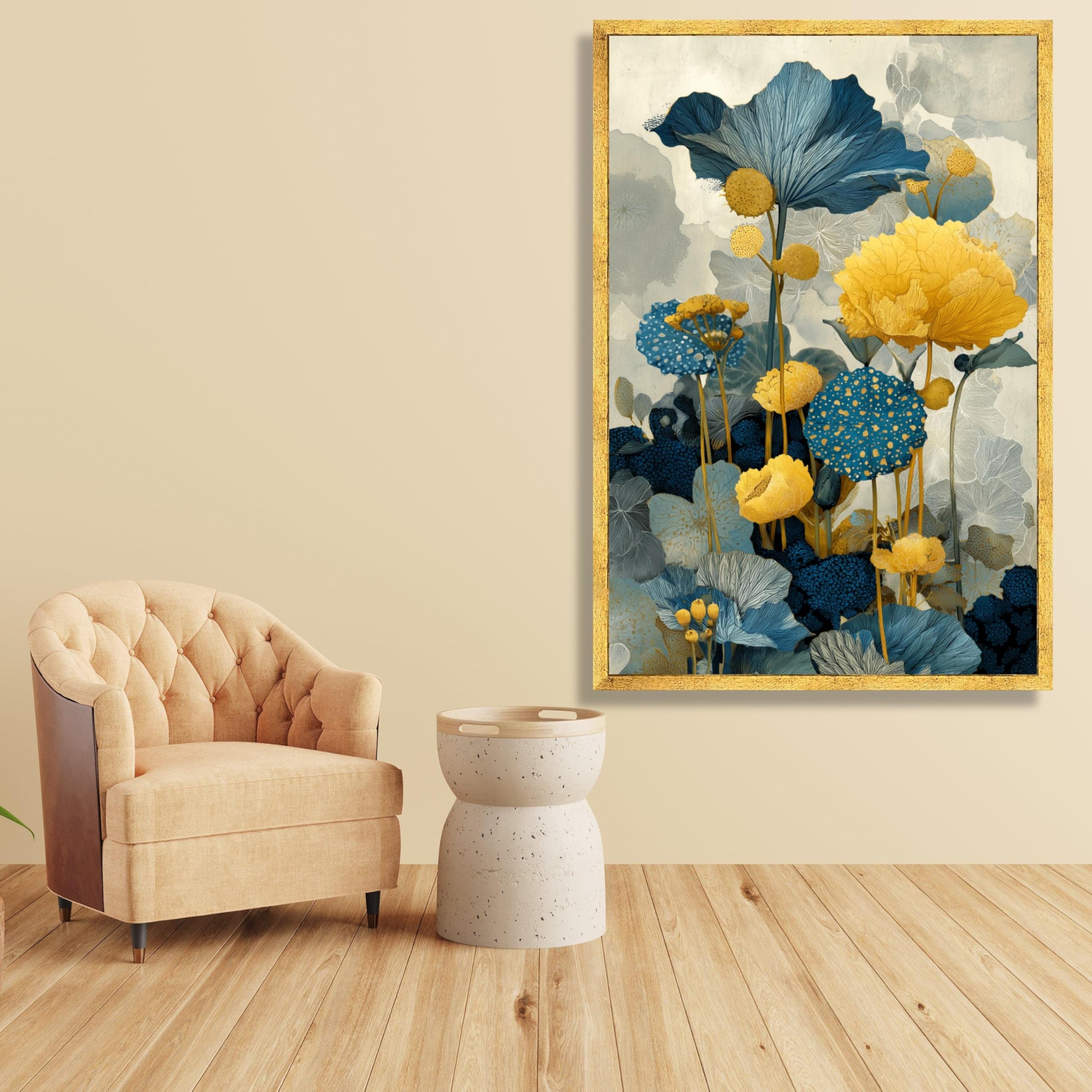 CAOXTART Nowoczesny obraz na płótnie niebieski i żółty kwiatowy wzór abstrakcyjny obraz botaniczny na płótnie, współczesna dekoracja domu (40 x 60 cm/wewnętrzna rama)