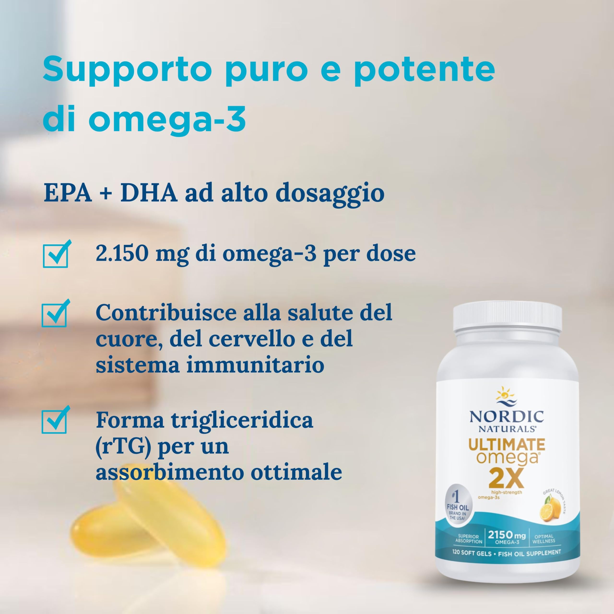 Nordic Naturals Ultimate Omega 3 2X, integratori di olio di pesce ad alta concentrazione da 2150 mg di Omega-3 con EPA e DHA, 120 softgel, gusto limone, senza soia, senza glutine