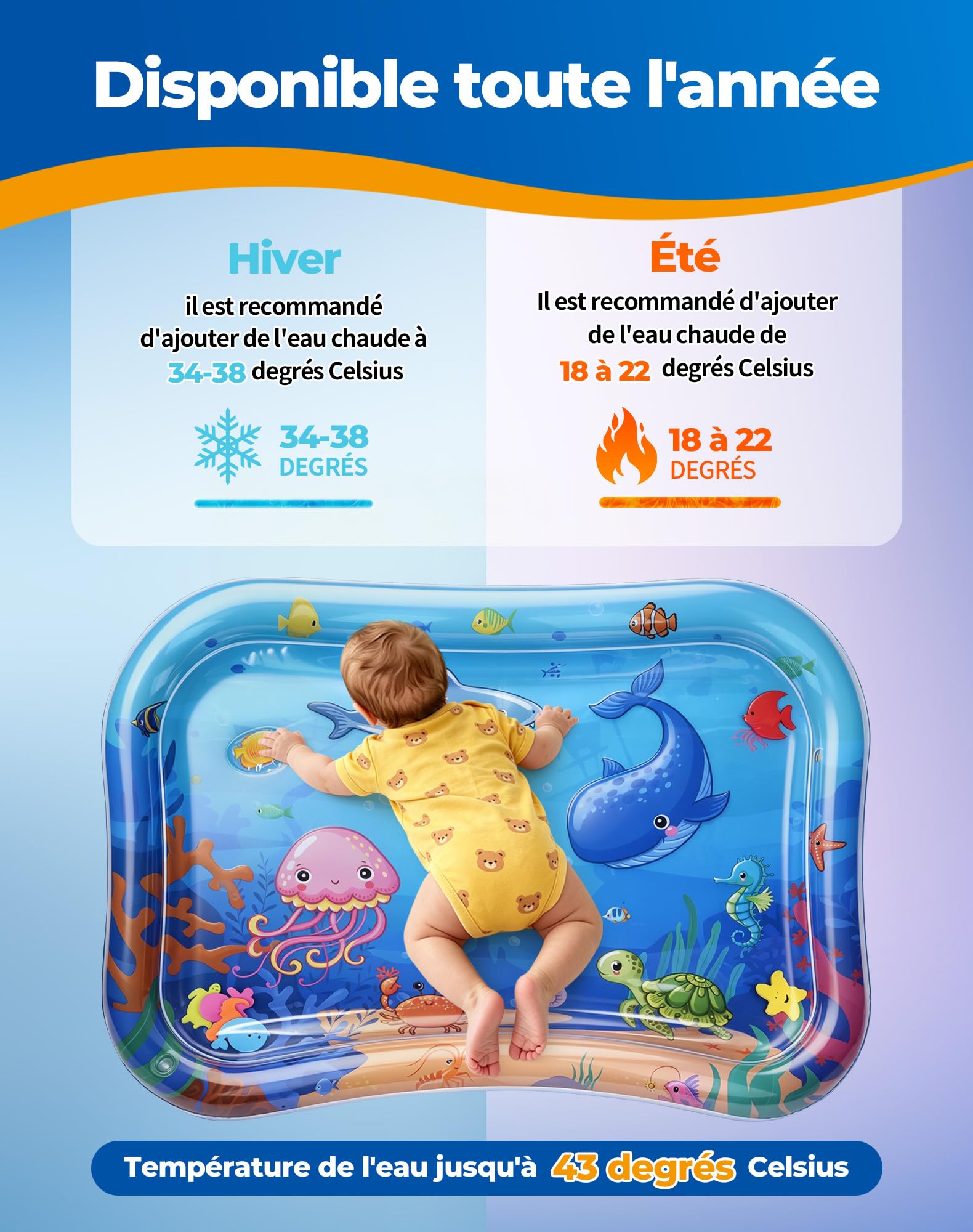 Grand Tapis d'eau Bébé 95x76cm Gonflable Tummy Time Tapis Eau Bebe Eveil Tapis Sensoriel Bébé Tapis Poisson pour Bébés et Tout-petits Cadeau Bebe Jouet Bebe 3 6 9 12 Mois