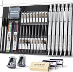 35Pcs Set de crayons mécaniques d'art avec boîtier, 0.5 0.7 0.9 2.0 Graphite Dessin métallique Crayons de dessin, effaceurs d'affûtage 384PCS Recharges au plomb (6B 4B 2B HB 2H 4H Couleurs)Pencils pour l'écriture de croquis, Noir