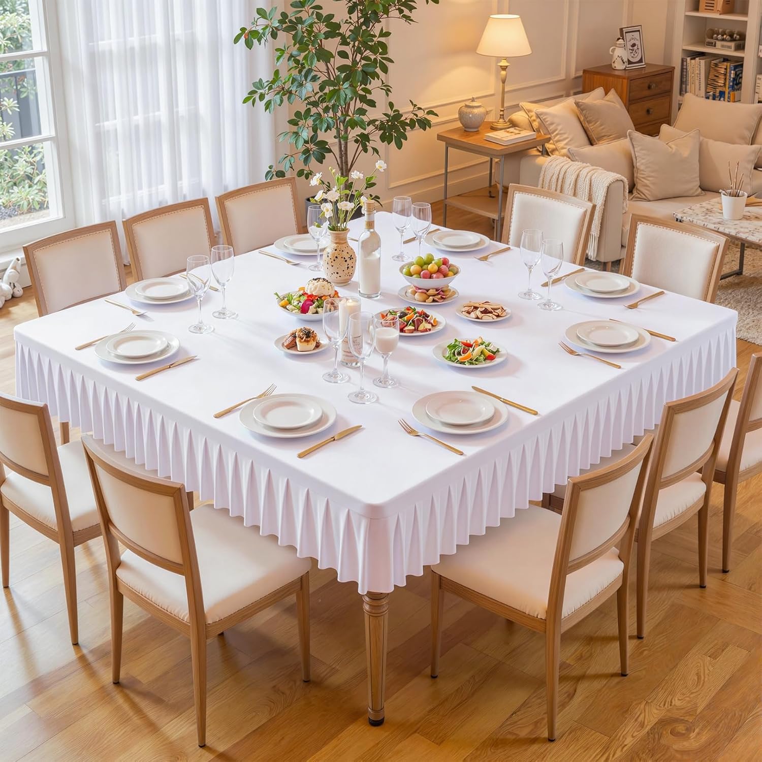 White Square Tablecloth - 60x60 Inch Stretchy Fitted Tablecloths for Large Square Tables with Ruffle Pleated Table Skirt Wrinkle-Free Spandex Table Cover for Dining, Kitchen, Banquet & Party Decor