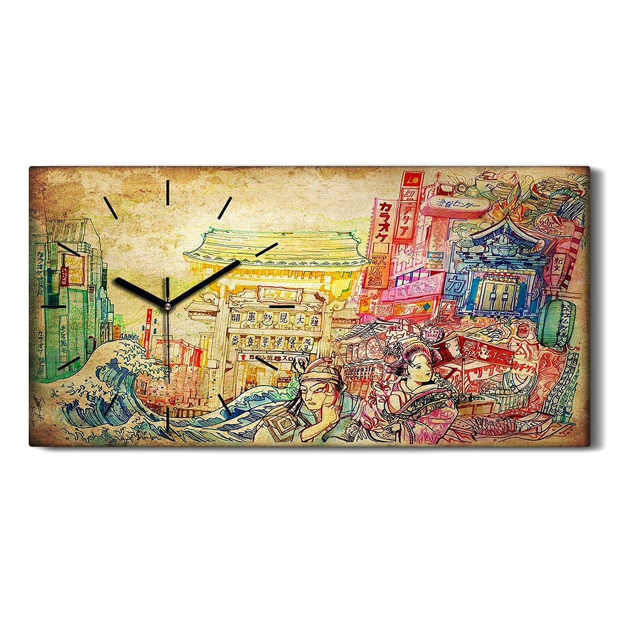 Horloge sur toile 60x30cm art moderne japonais avec aiguilles noires pour salon et chambre