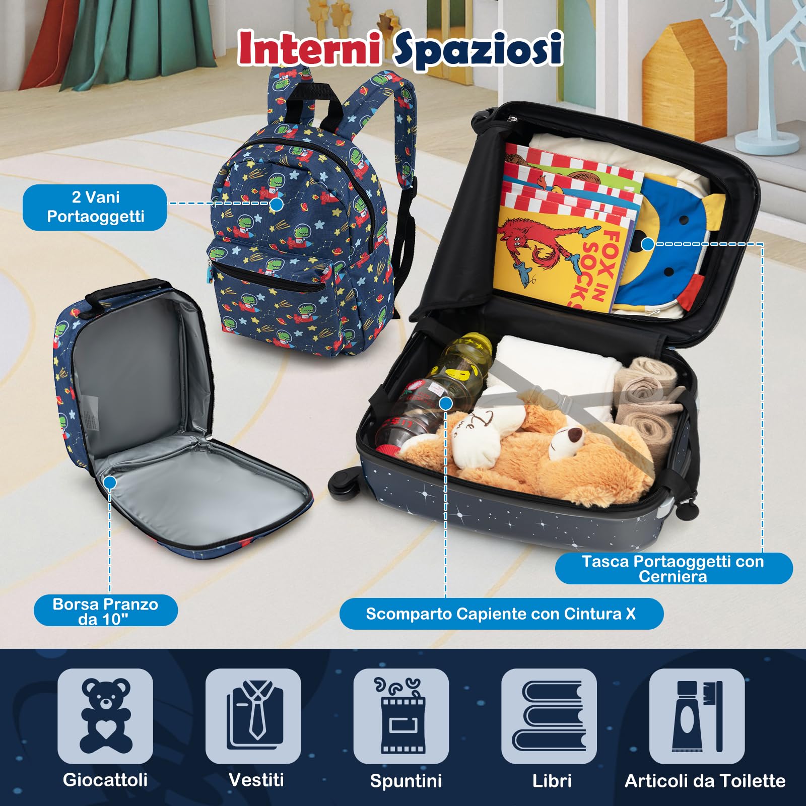 RELAX4LIFE Juego de Maleta para Niños de 5 Piezas con Maleta de Mano 38 cm, Mochila de 33 cm, Cojín para el Cuello, Bolsa de Almuerzo Aislada, Etiqueta, Maleta con Ruedas Rígidas, Negro