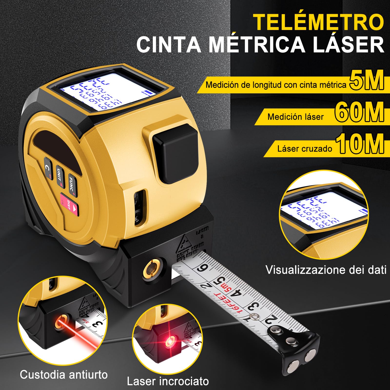 Cinta Métrica Láser 3 en 1, Telémetro Láser Digital de 0,05 M A 60 M, Medidor de Distancia, de Área (Unidades: M/In/Ft) Cinta Métrica de 5 Metros, Marca Cruzada Roja, para Carpintería Y Construcción